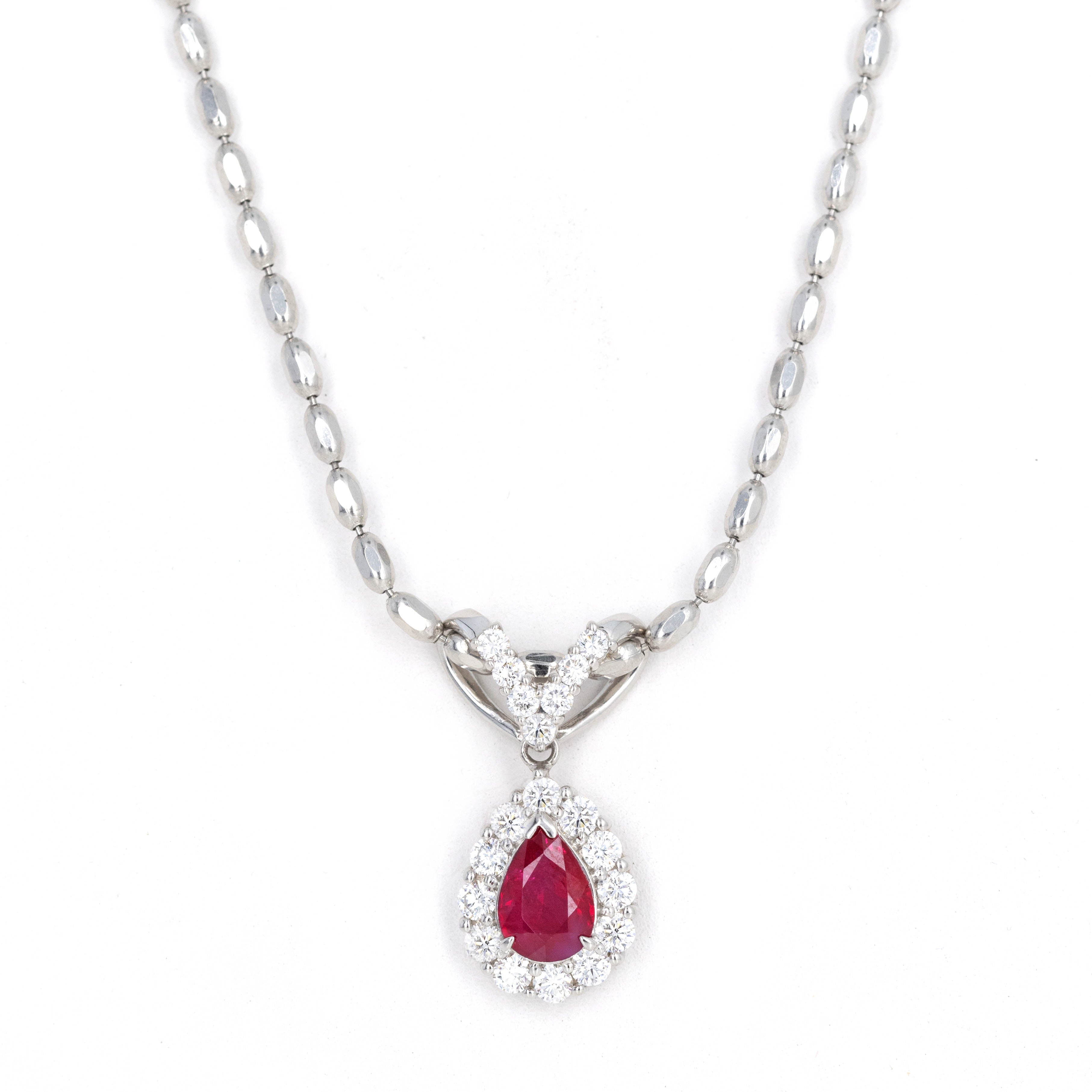 1.53 Carat Pear ''Pigeon's Blood'' Natural Ruby Diamond Halo Pendant Necklace - Queen May