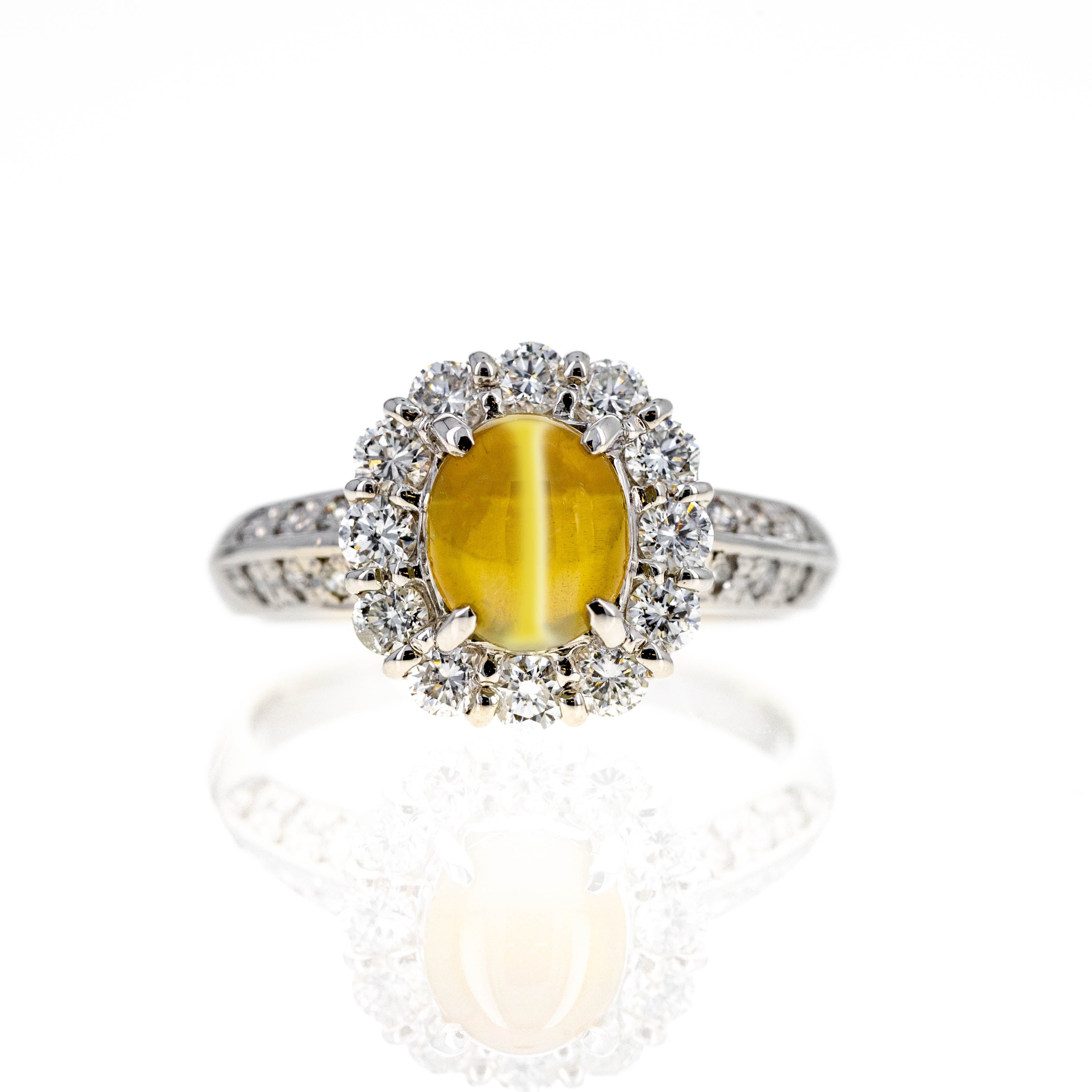 Platinum 2 Carat Cats Eye Chrysoberyl Diamond Halo Ring - Queen May