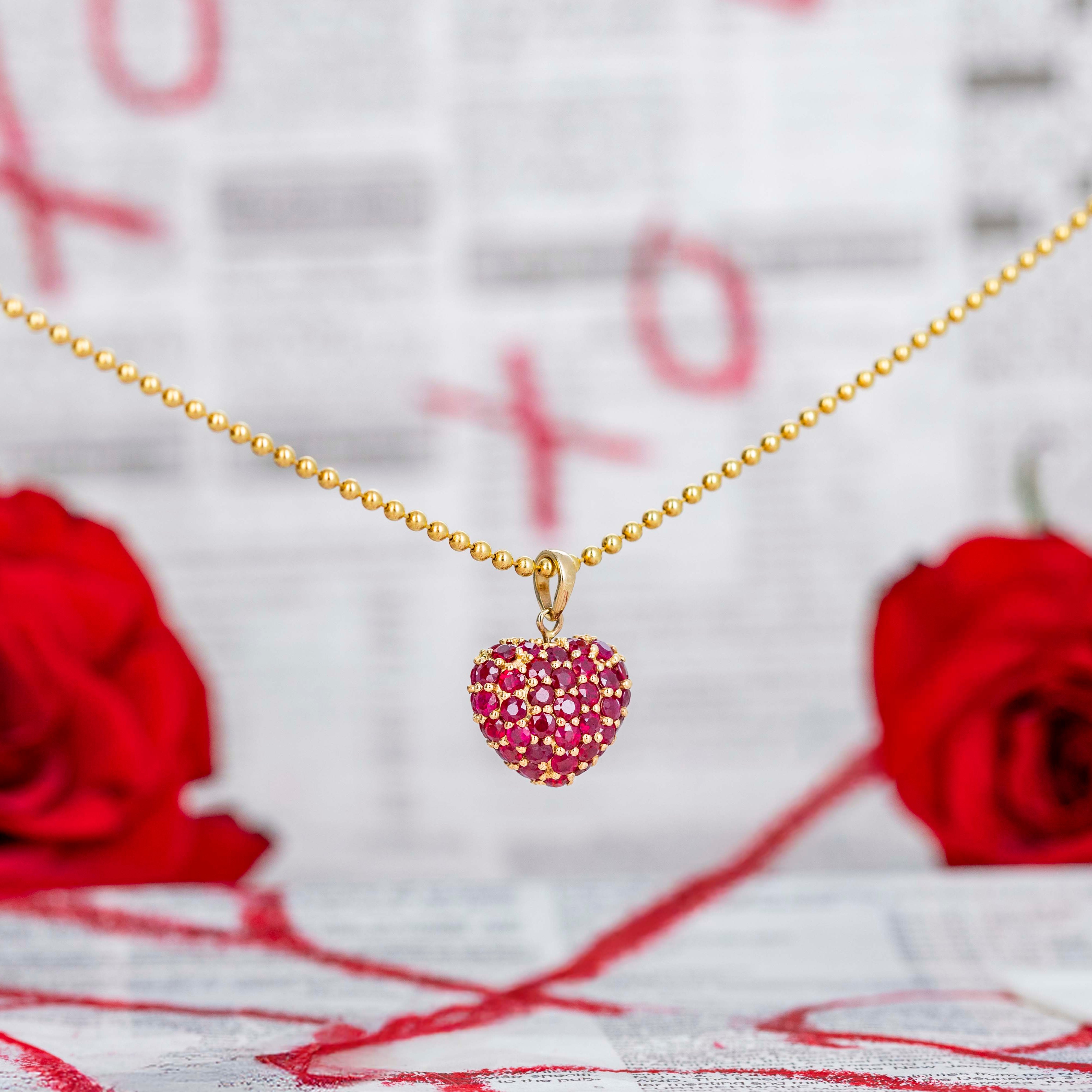 14K Yellow Gold Ruby Pave Heart Pendant Necklace - Queen May