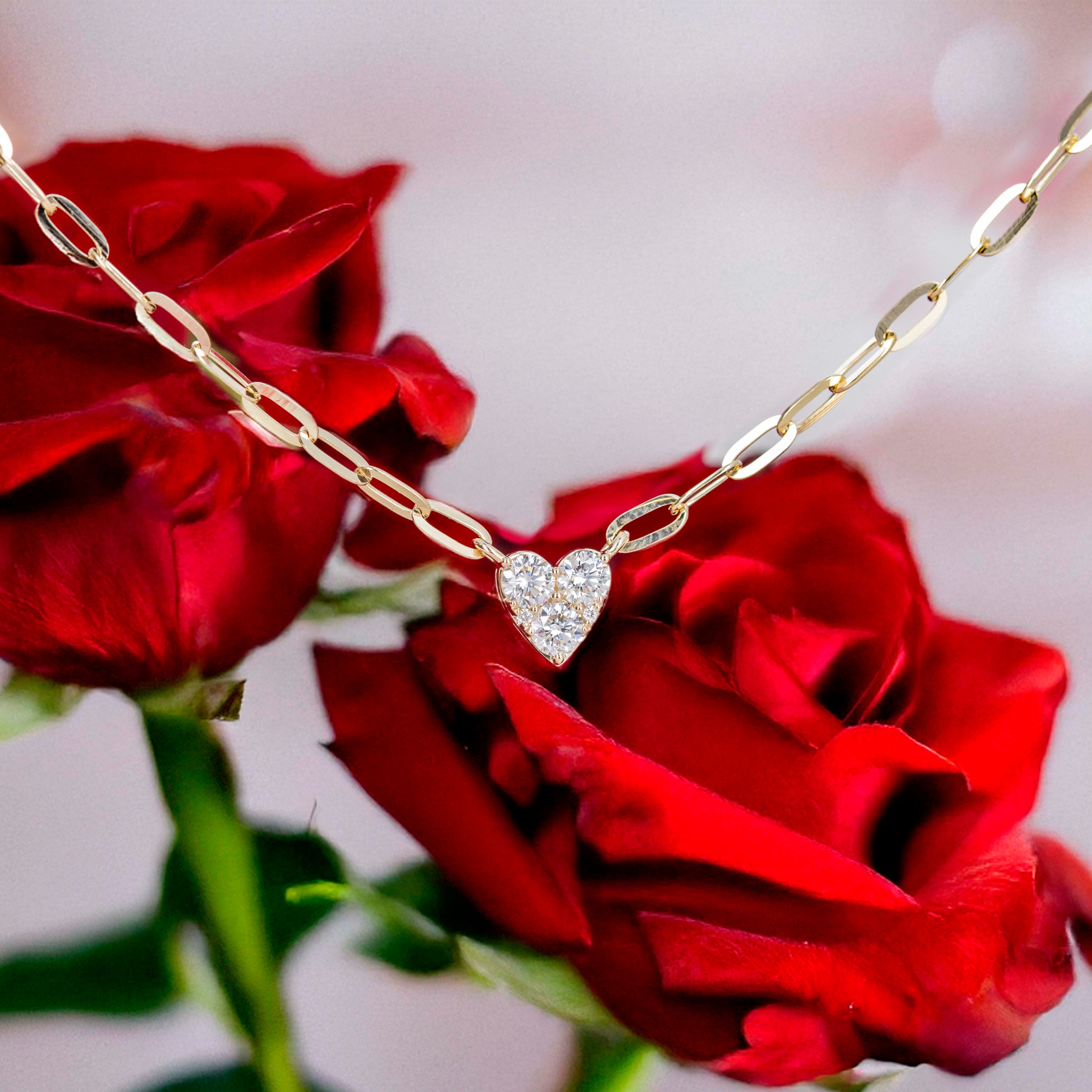 14K Yellow Gold 0.41 Carat Diamond Heart Paper Clip Link Necklace - Queen May
