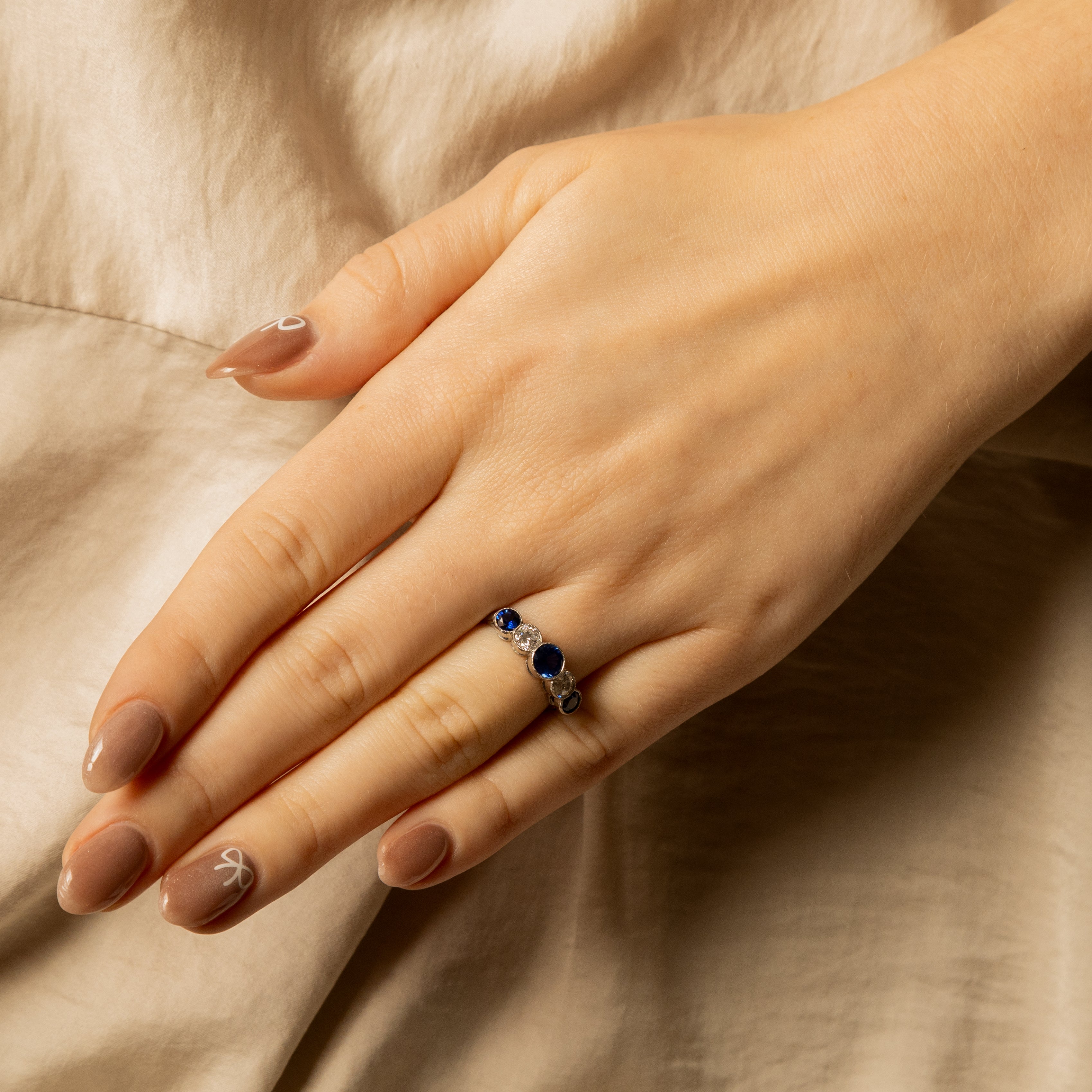 Art Deco Inspired Round Natural Sapphire Diamond Five Stone Bezel Ring - Queen May