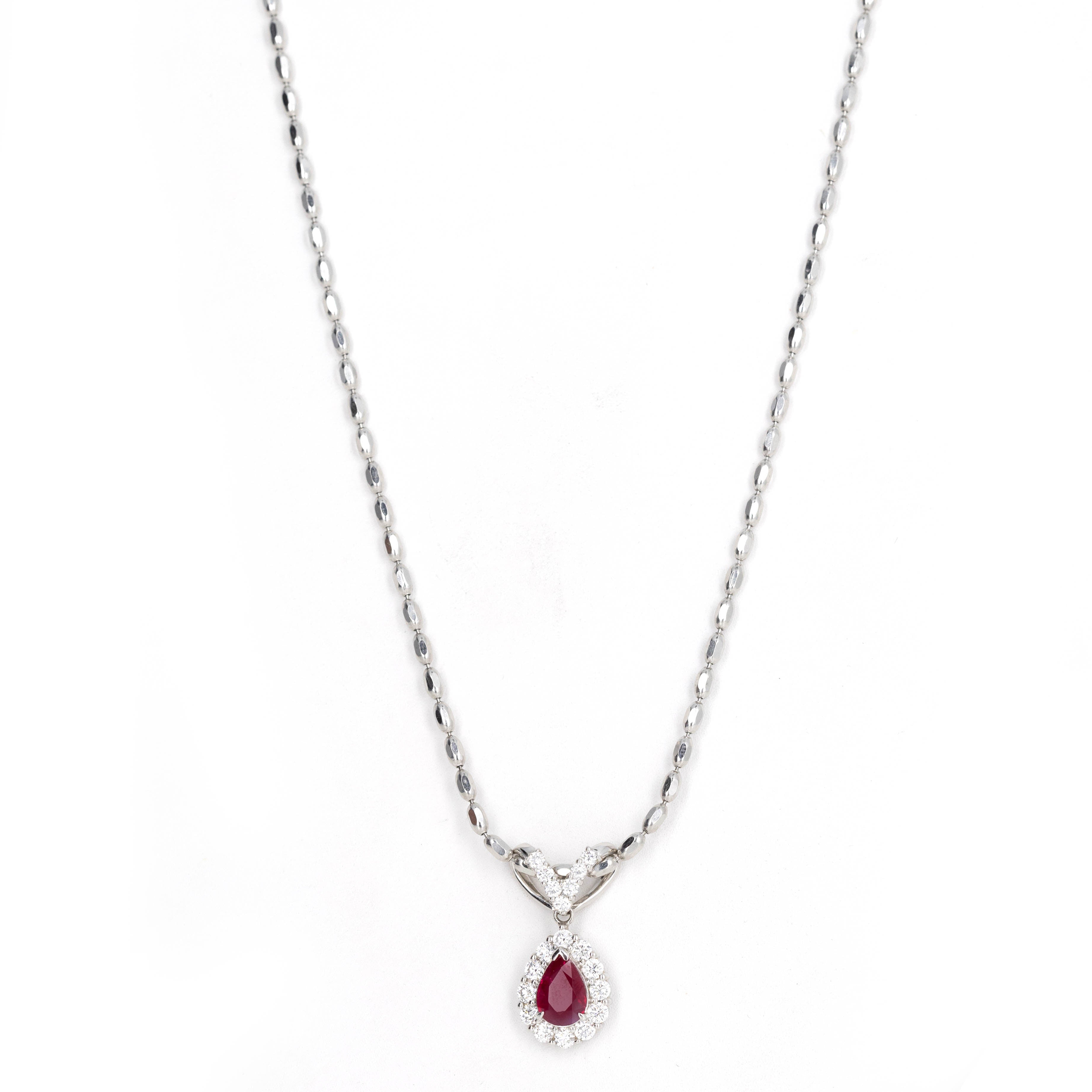 1.53 Carat Pear ''Pigeon's Blood'' Natural Ruby Diamond Halo Pendant Necklace - Queen May