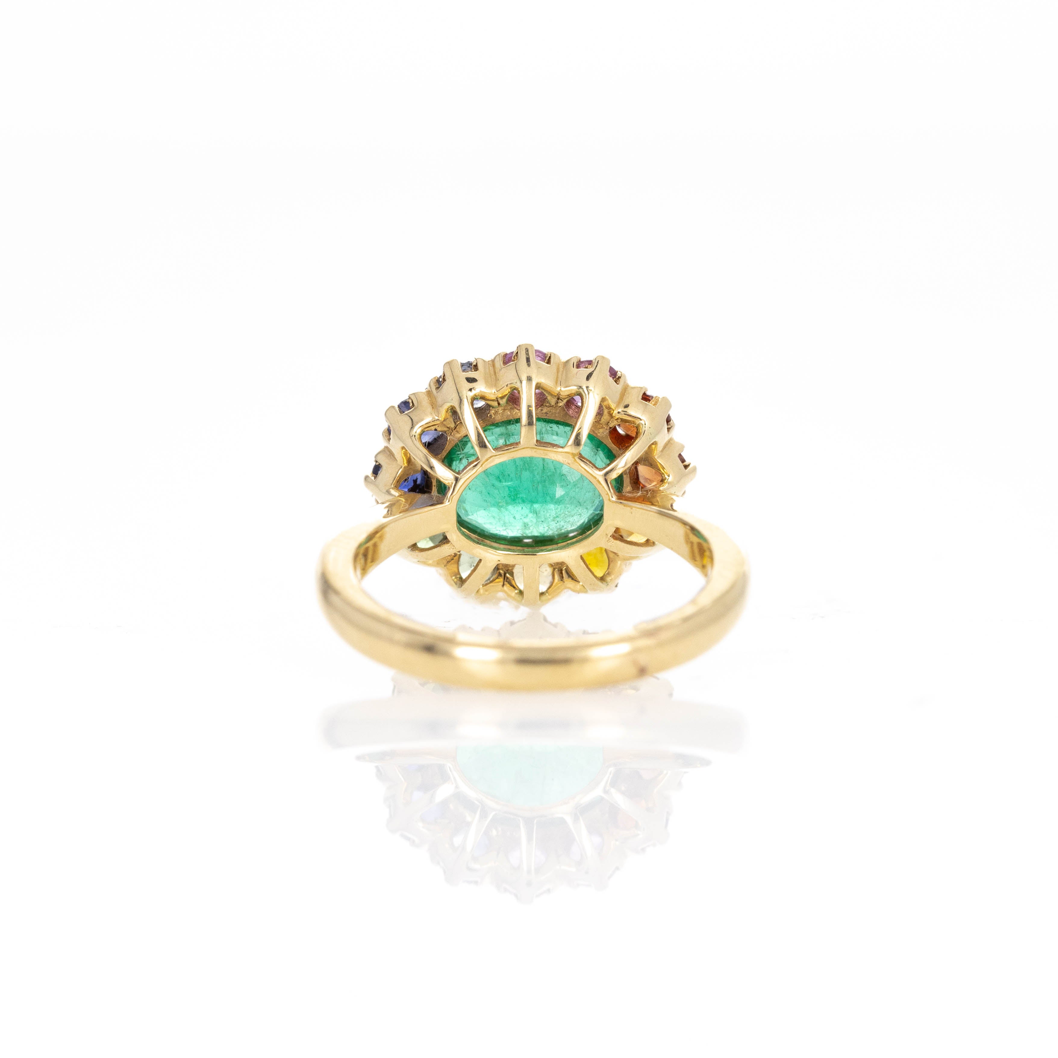 18K Yellow Gold 1.92 Carat Emerald Multi-Color Sapphire Halo Ring - Queen May