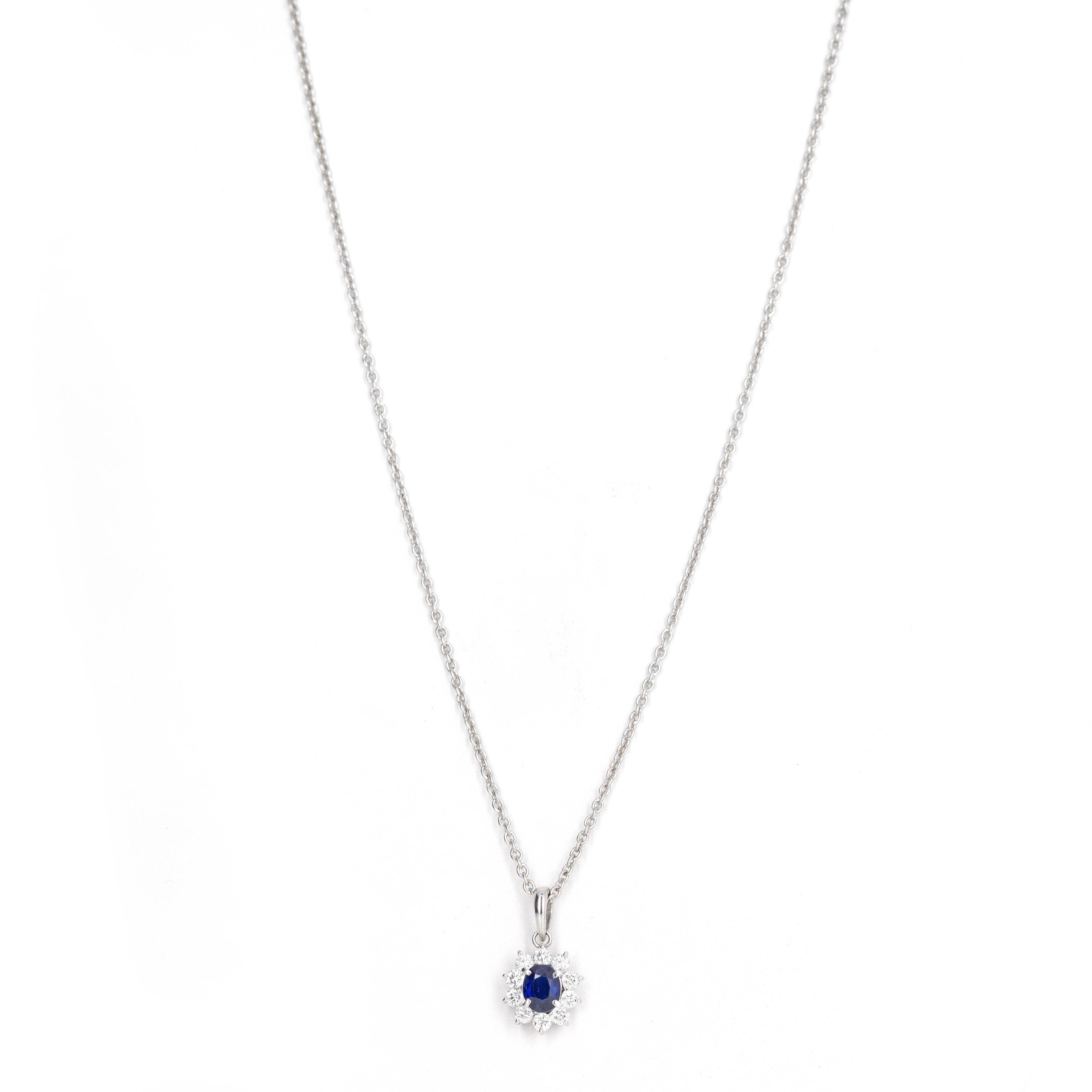 0.68 Carat Oval Natural Sapphire Diamond Halo Pendant Necklace - Queen May