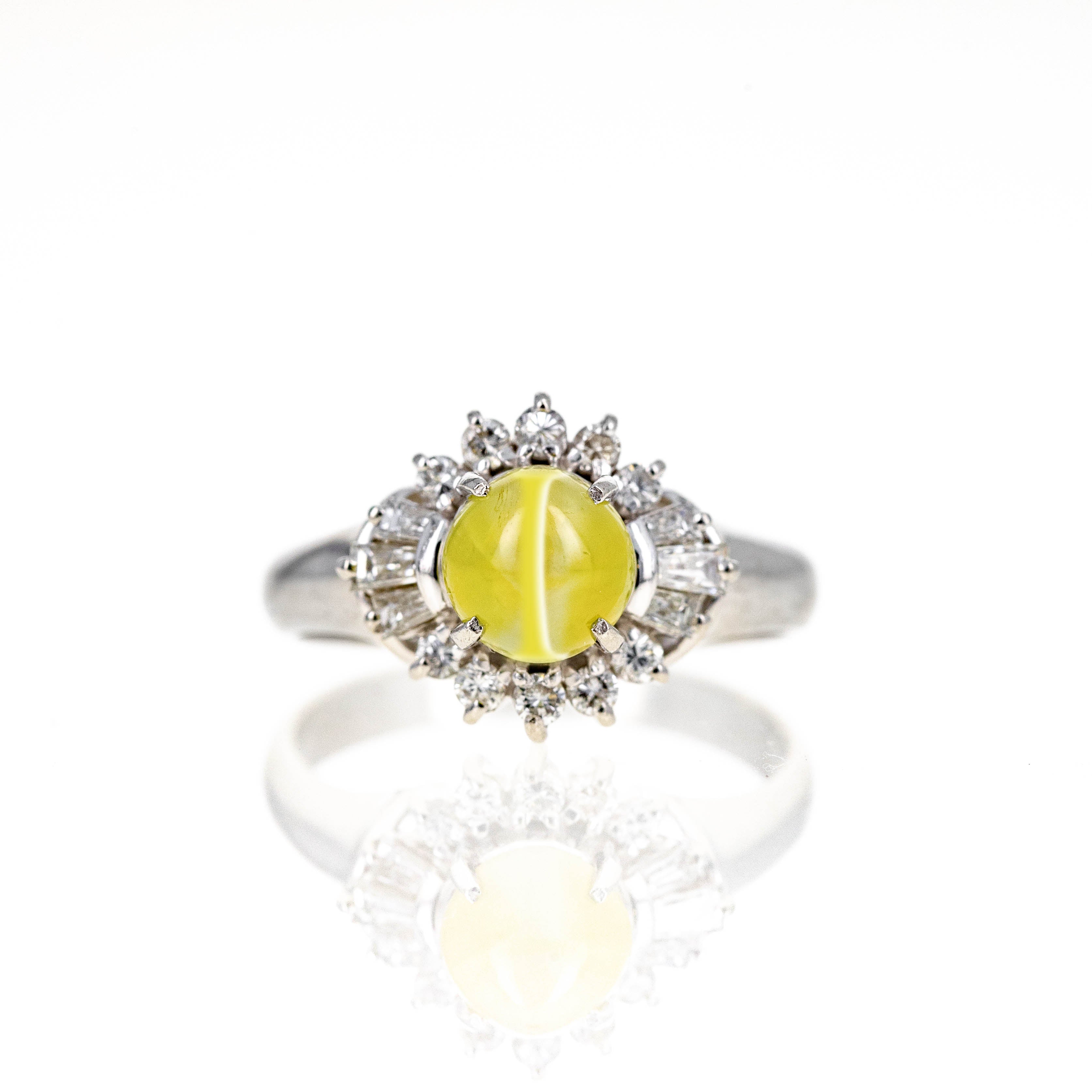 Platinum 1.57 Carat Cats Eye Chrysoberyl Diamond Halo Ring - Queen May