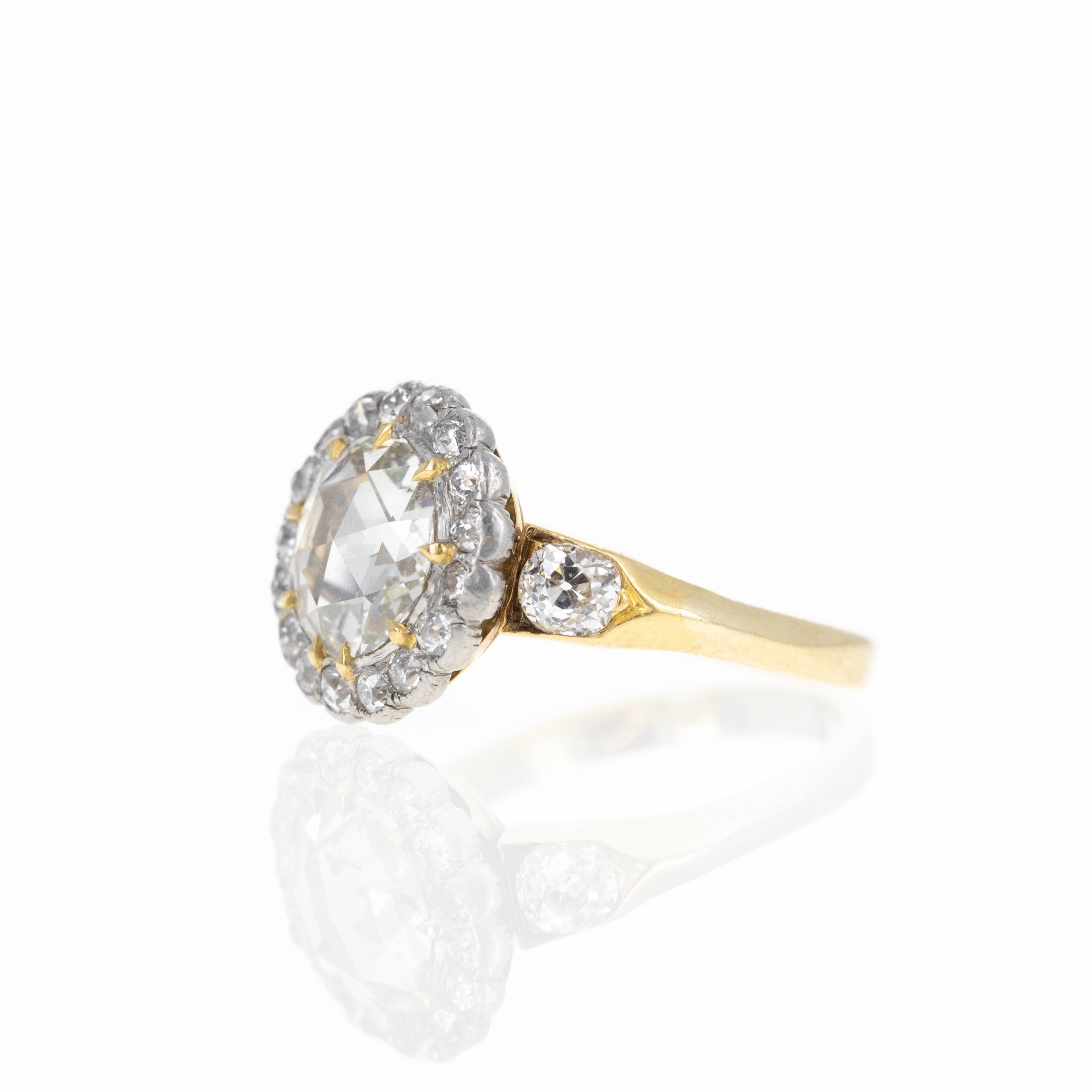 Victorian 14K and Platinum 1.50 Carat Rose Cut Diamond Halo Ring - Queen May