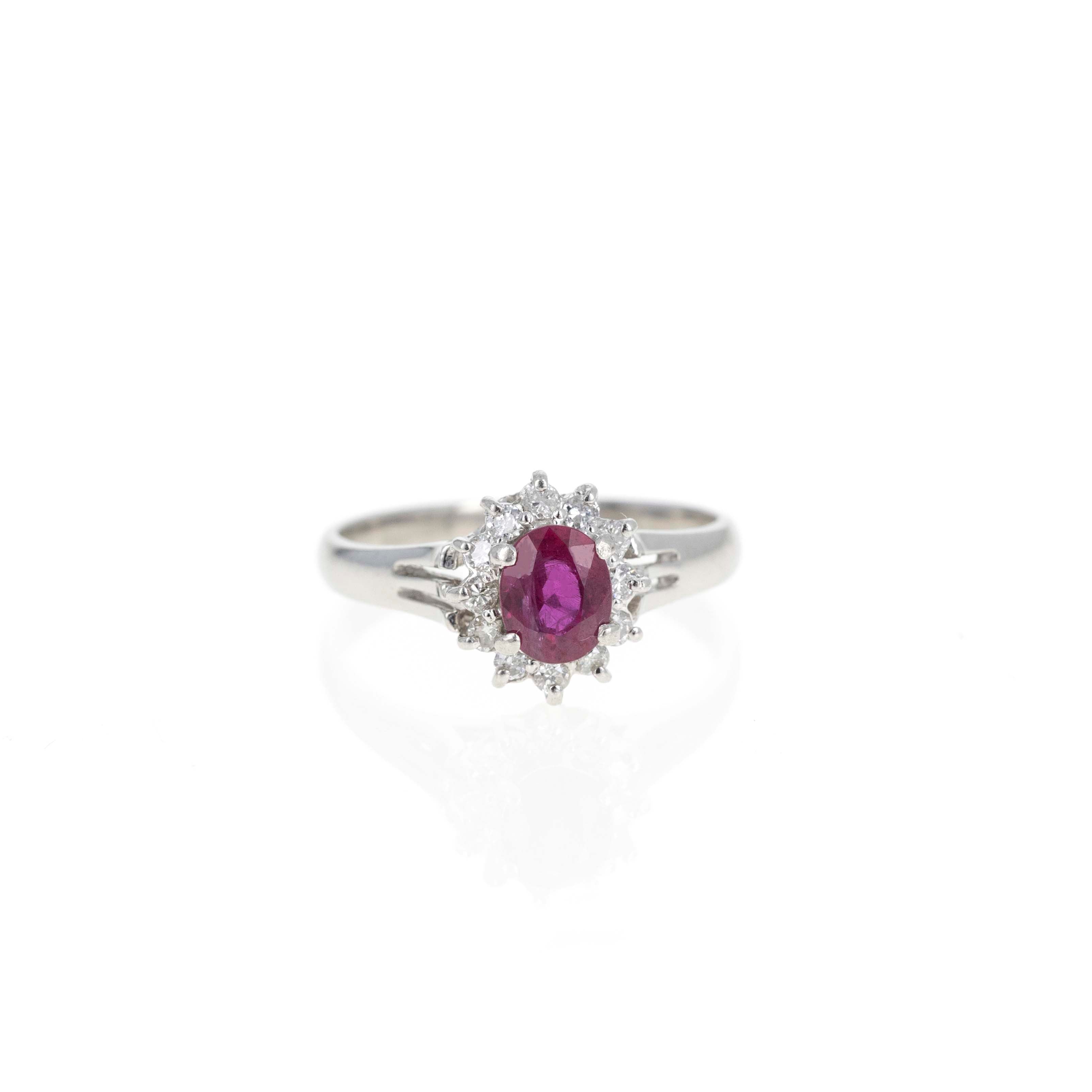 Platinum 0.55 Carat Oval Ruby Diamond Halo Ring - Queen May