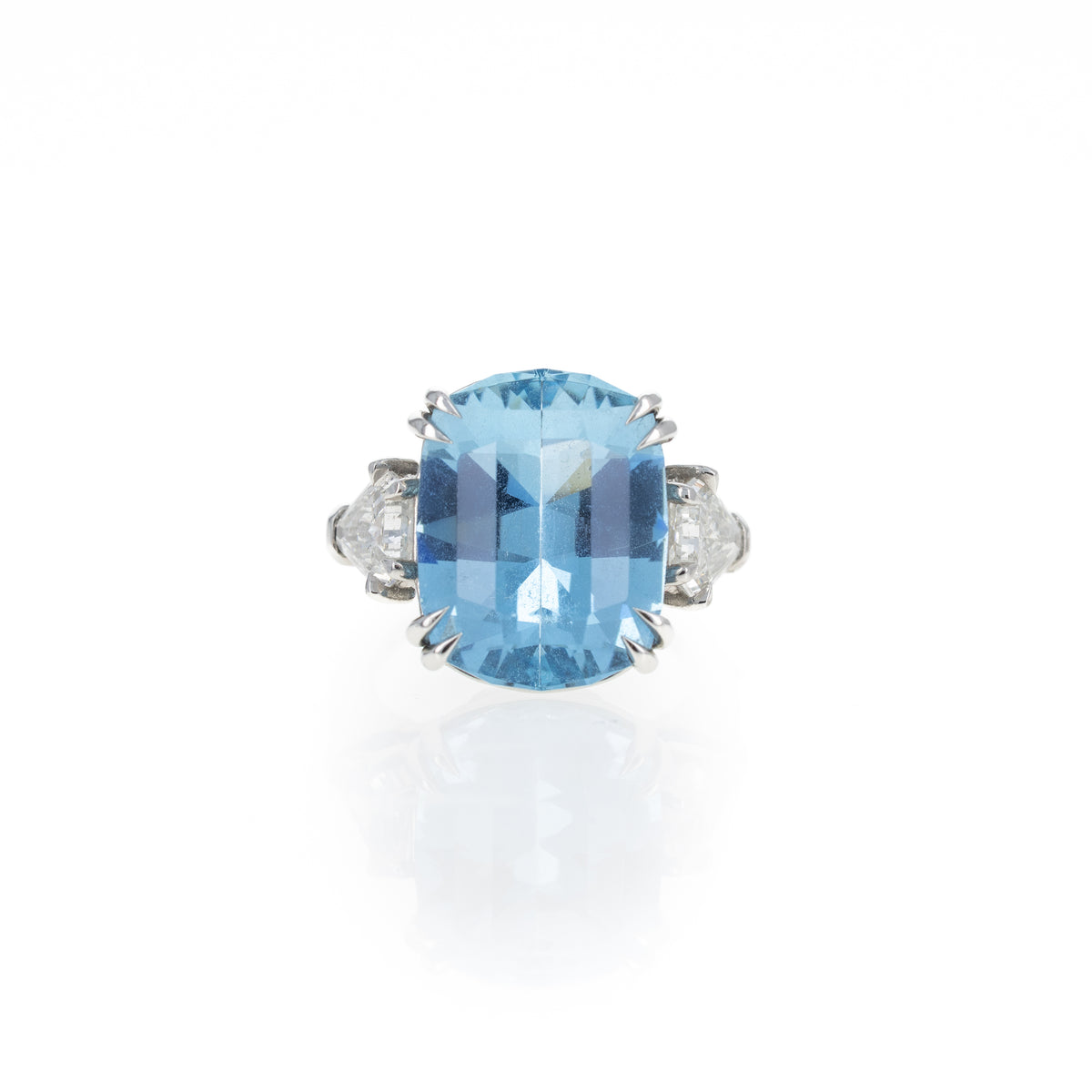 Platinum 10.07 Carat Aquamarine and Diamond Three Stone Ring - Queen May