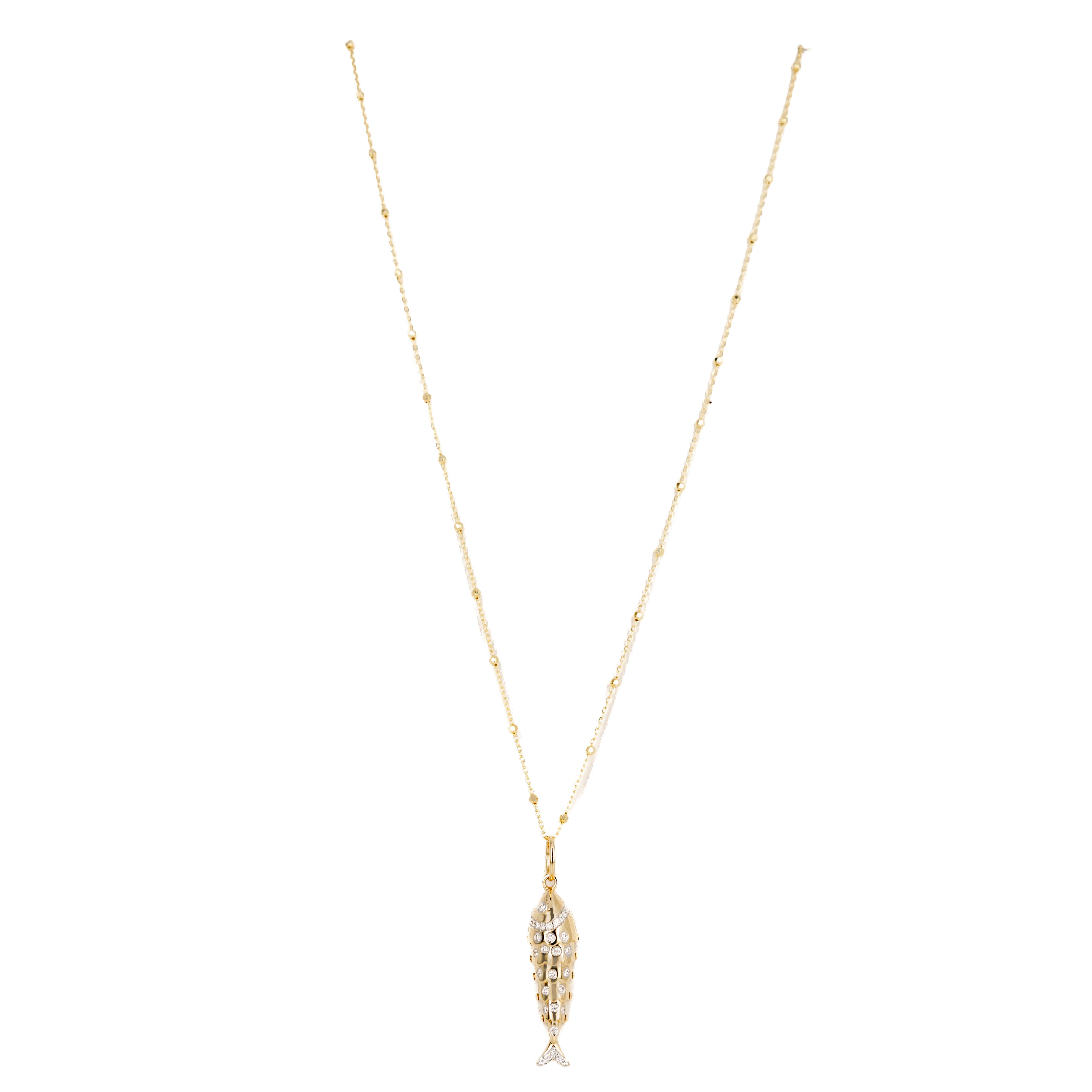 14K Yellow Gold Diamond Fish Pendant Necklace - Queen May