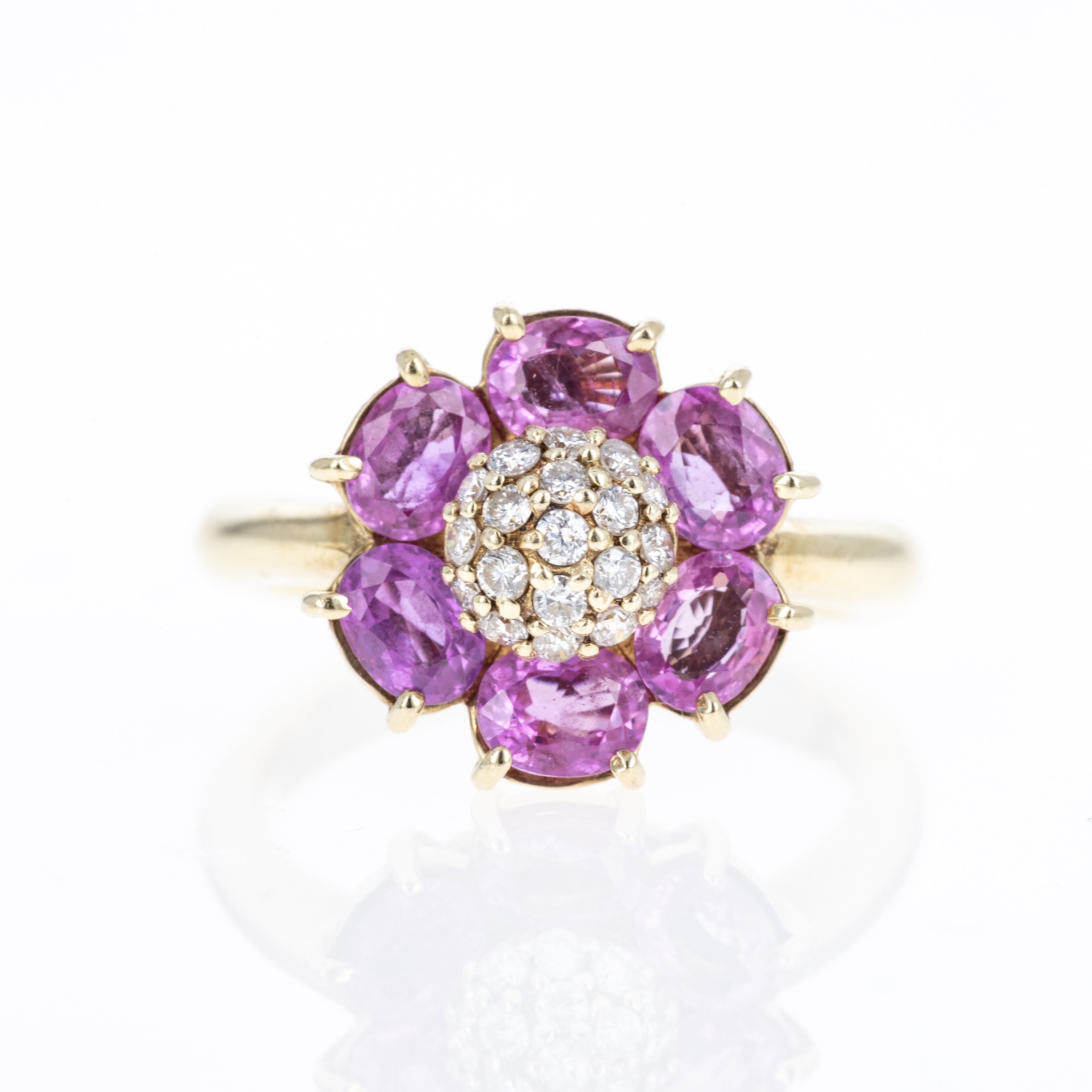 18K Yellow Gold 2.06 Carat Pink Sapphire Diamond Floral Ring - Queen May