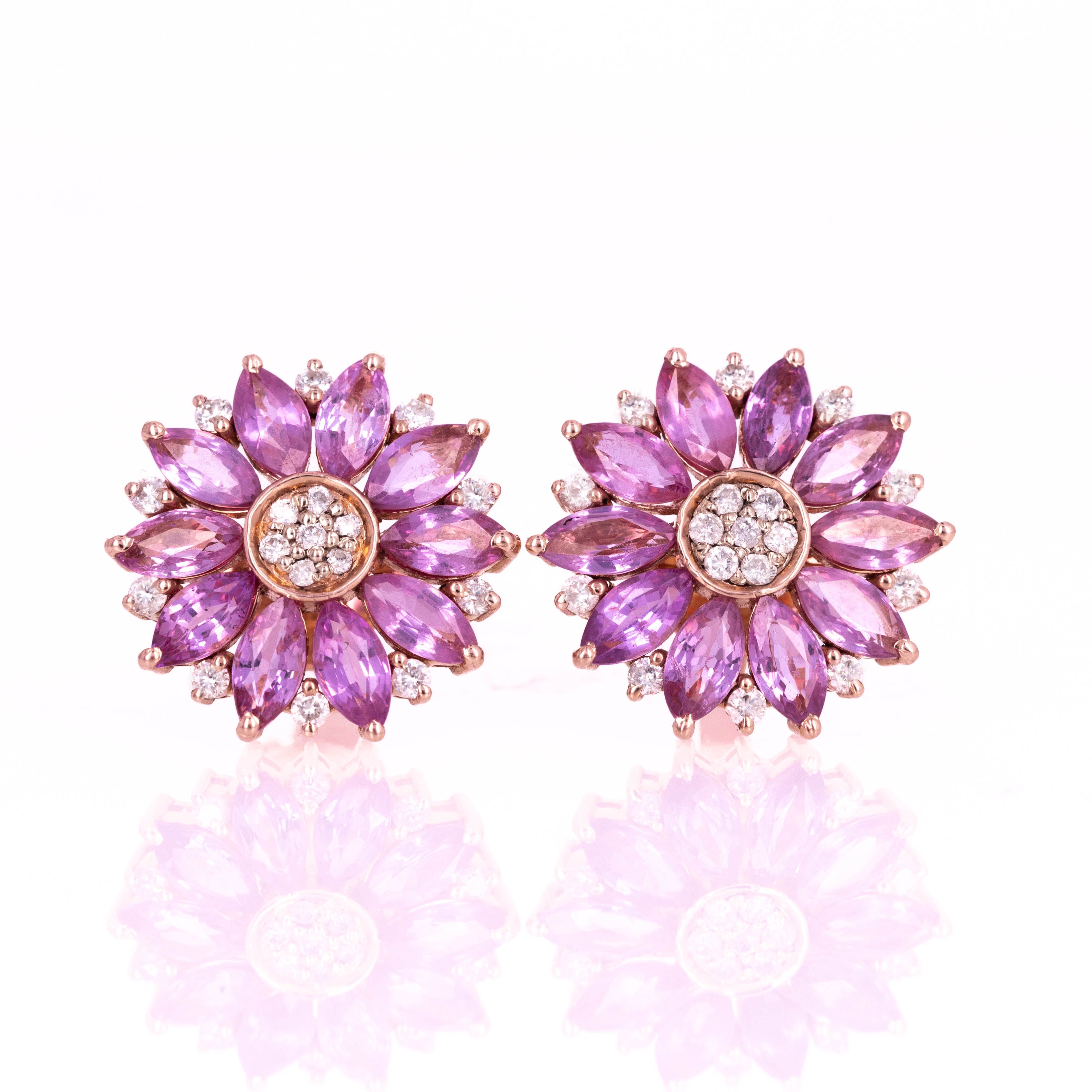 14K Rose Gold Marquise Pink Sapphire Diamond Flower Stud Earrings - Queen May