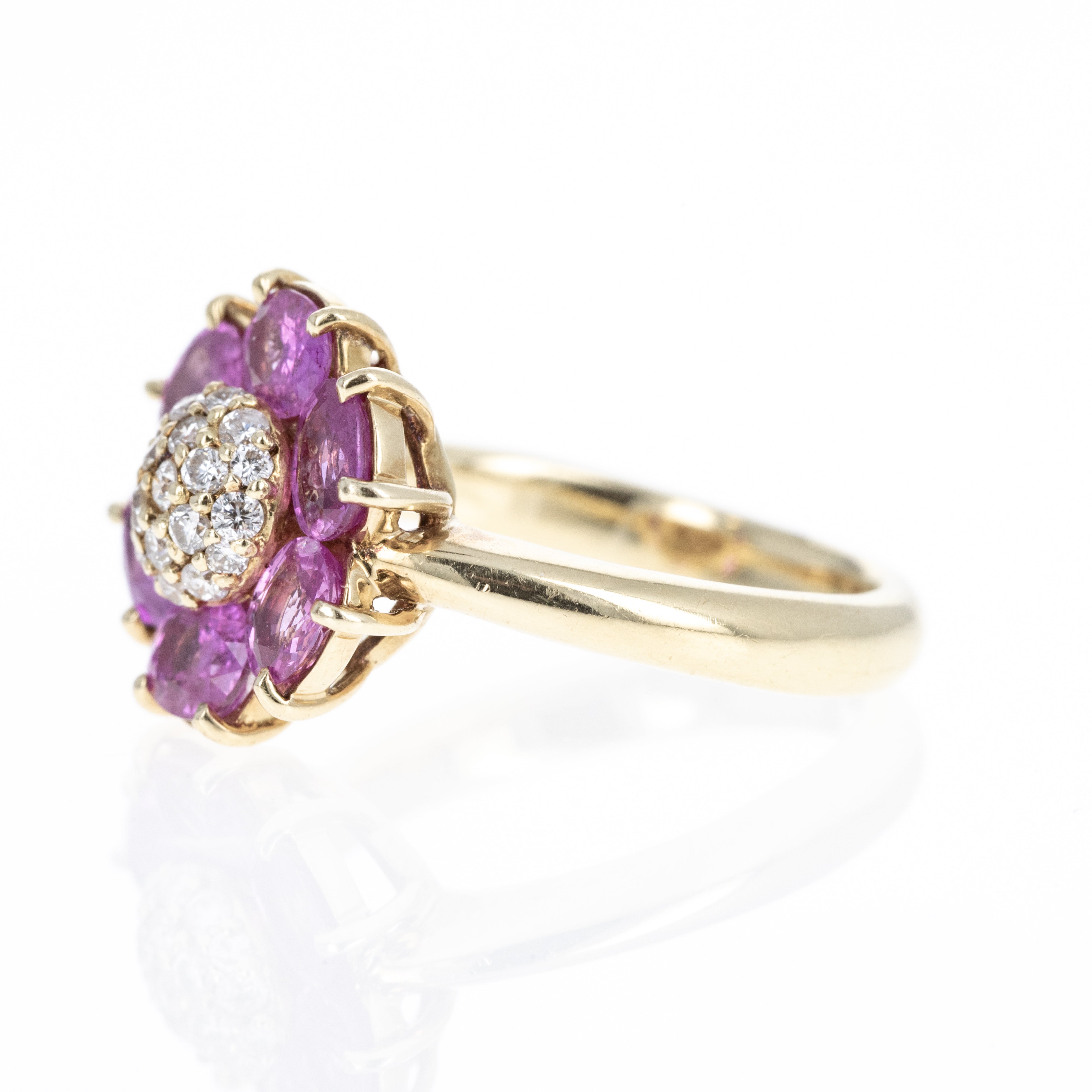 18K Yellow Gold 2.06 Carat Pink Sapphire Diamond Floral Ring - Queen May