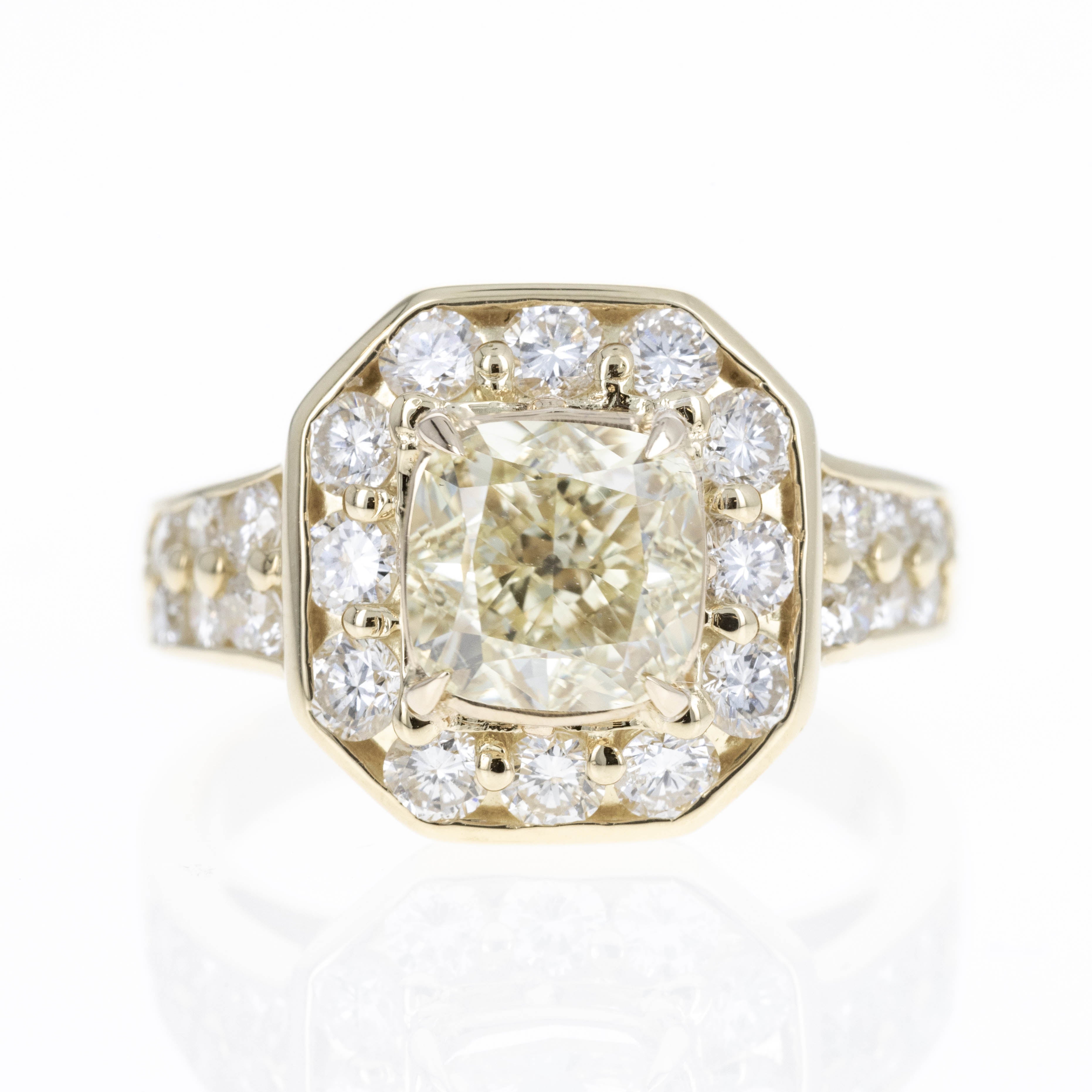 18K Yellow Gold 2.10 Carat Fancy Yellow Cushion Diamond Halo Ring - Queen May