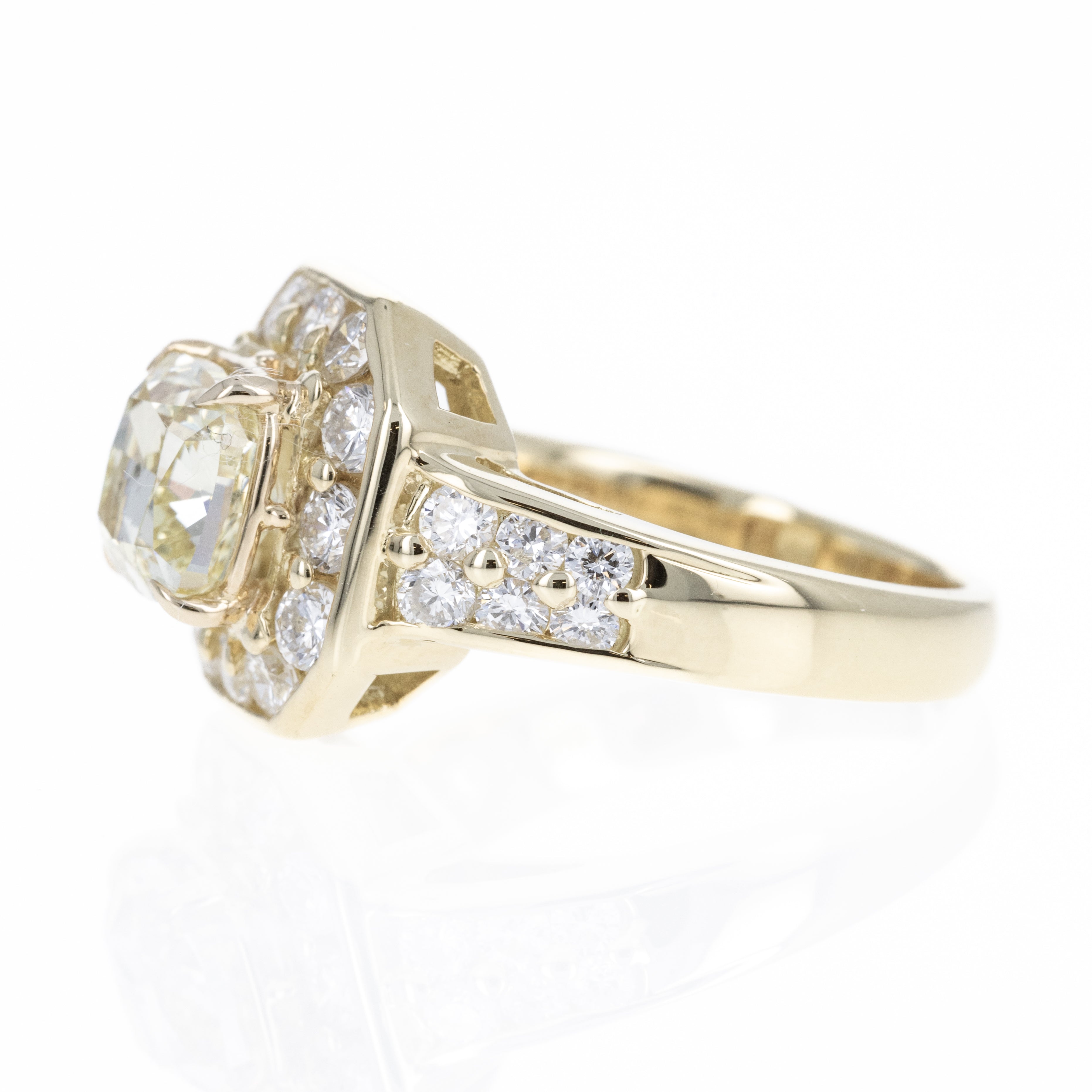 18K Yellow Gold 2.10 Carat Fancy Yellow Cushion Diamond Halo Ring - Queen May