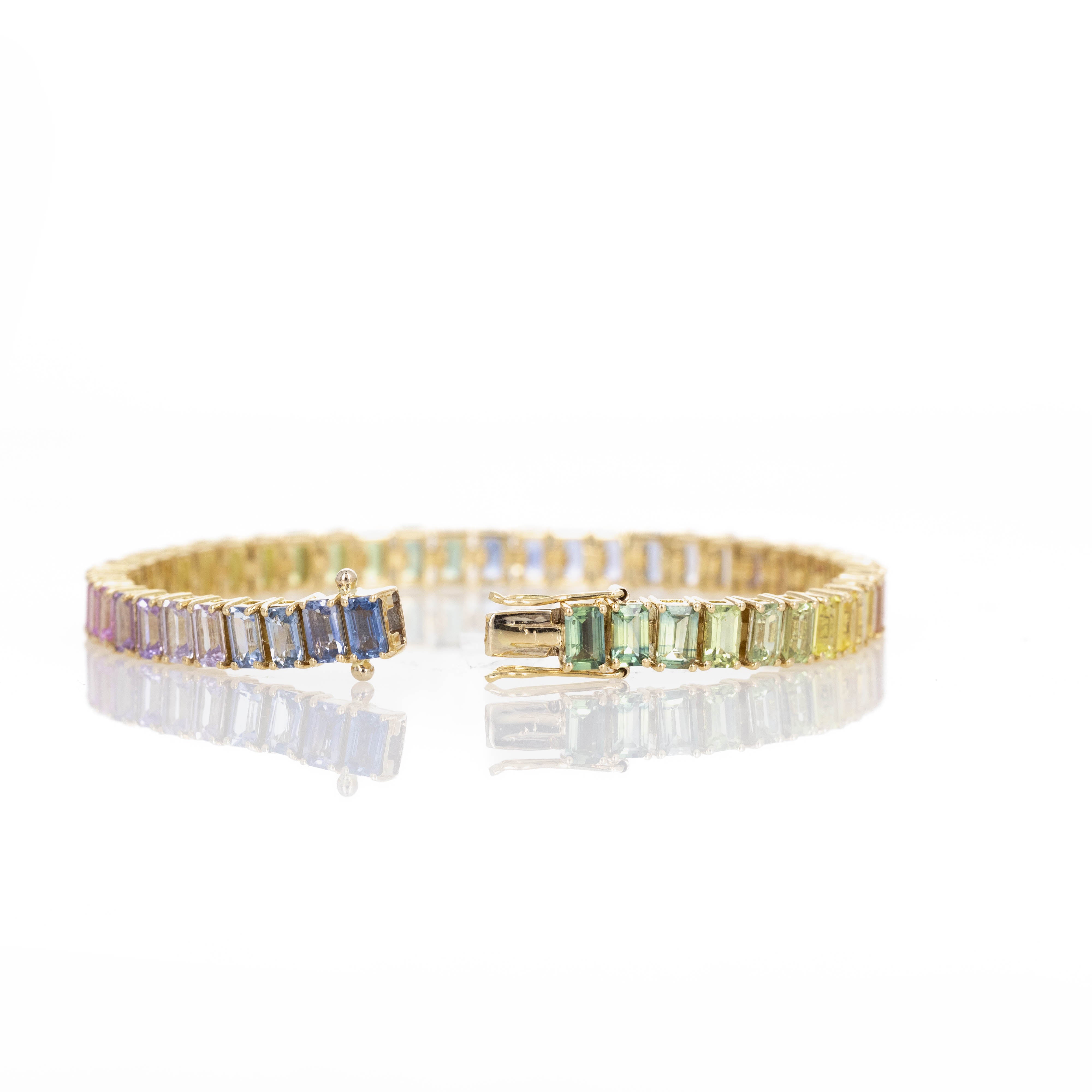 18K Yellow Gold 16.86 Carat Emerald Cut Multi-Color Sapphire Tennis Bracelet - Queen May