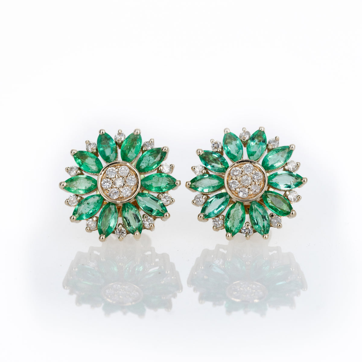 14K Yellow Gold Marquise Emerald Diamond Flower Stud Earrings - Queen May