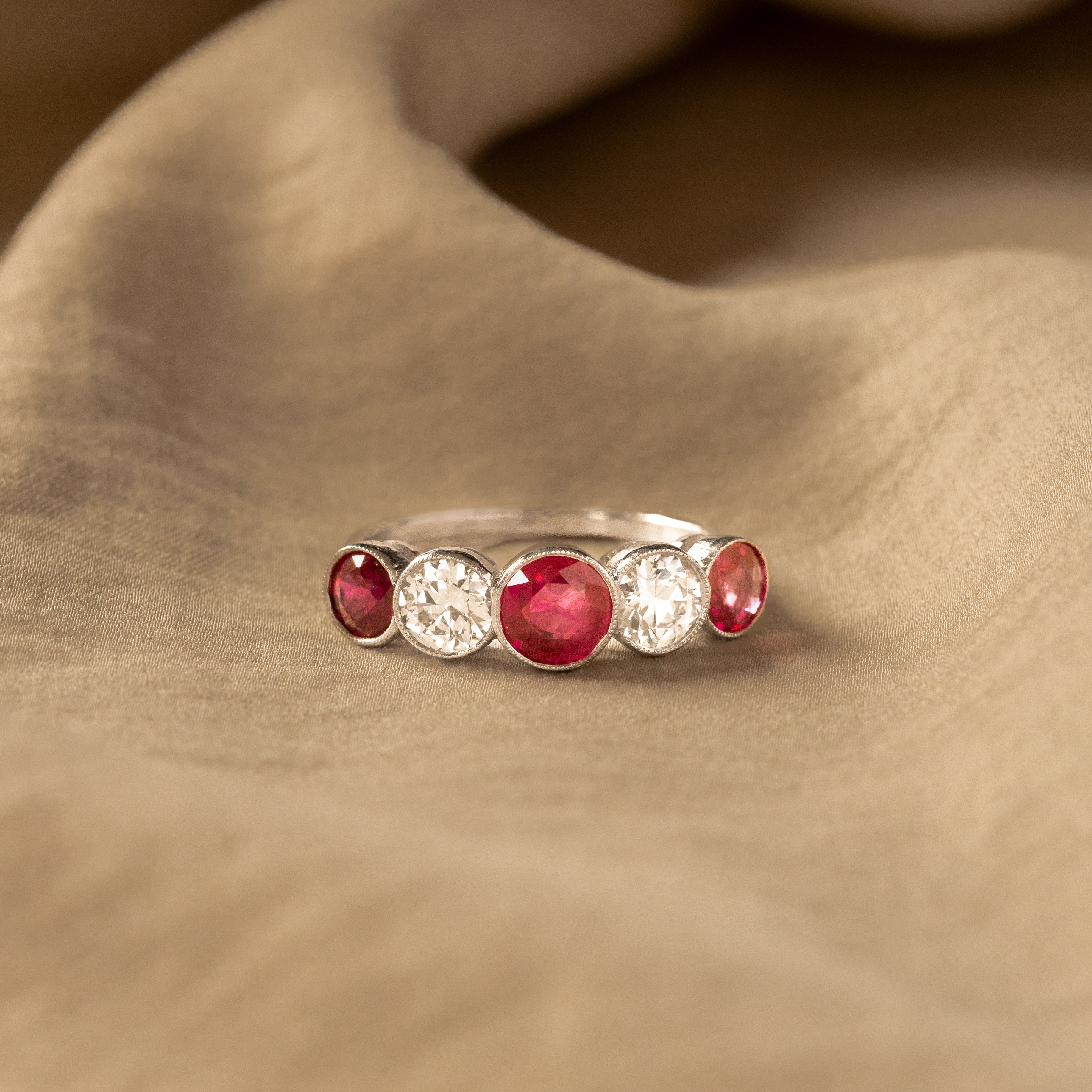 Art Deco Inspired Round Natural Ruby Diamond Five Stone Bezel Ring - Queen May
