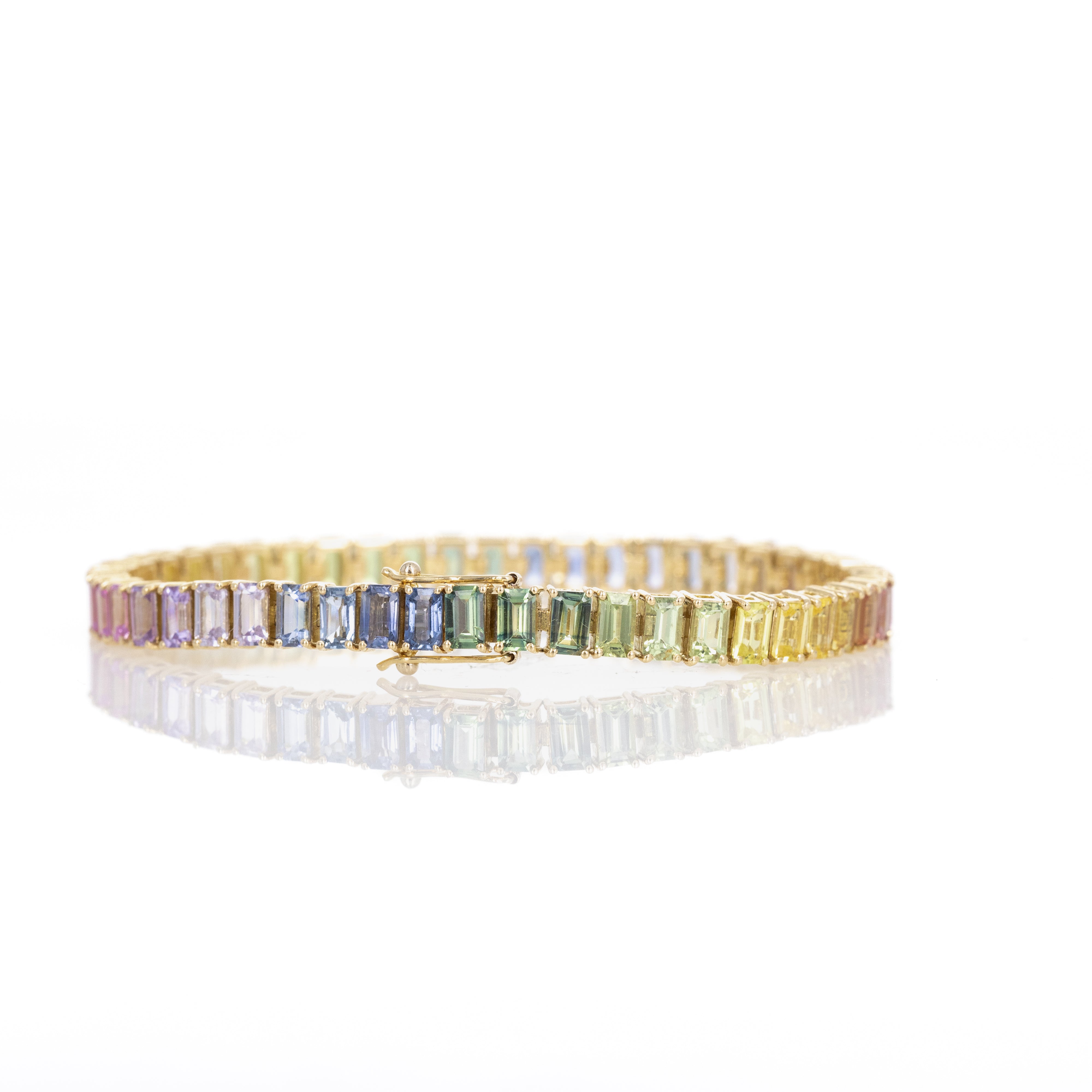 18K Yellow Gold 16.86 Carat Emerald Cut Multi-Color Sapphire Tennis Bracelet - Queen May