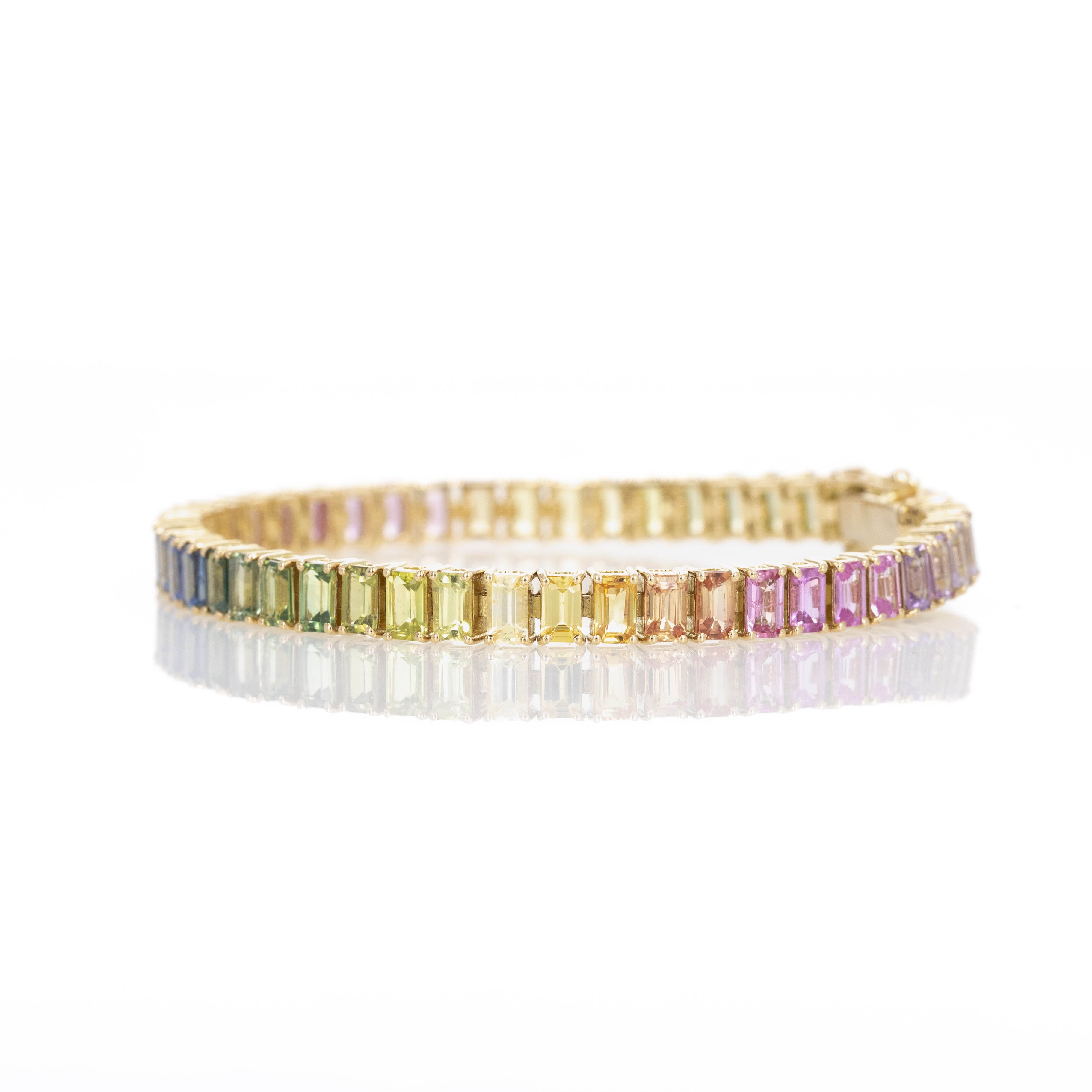 18K Yellow Gold 16.86 Carat Emerald Cut Multi-Color Sapphire Tennis Bracelet - Queen May