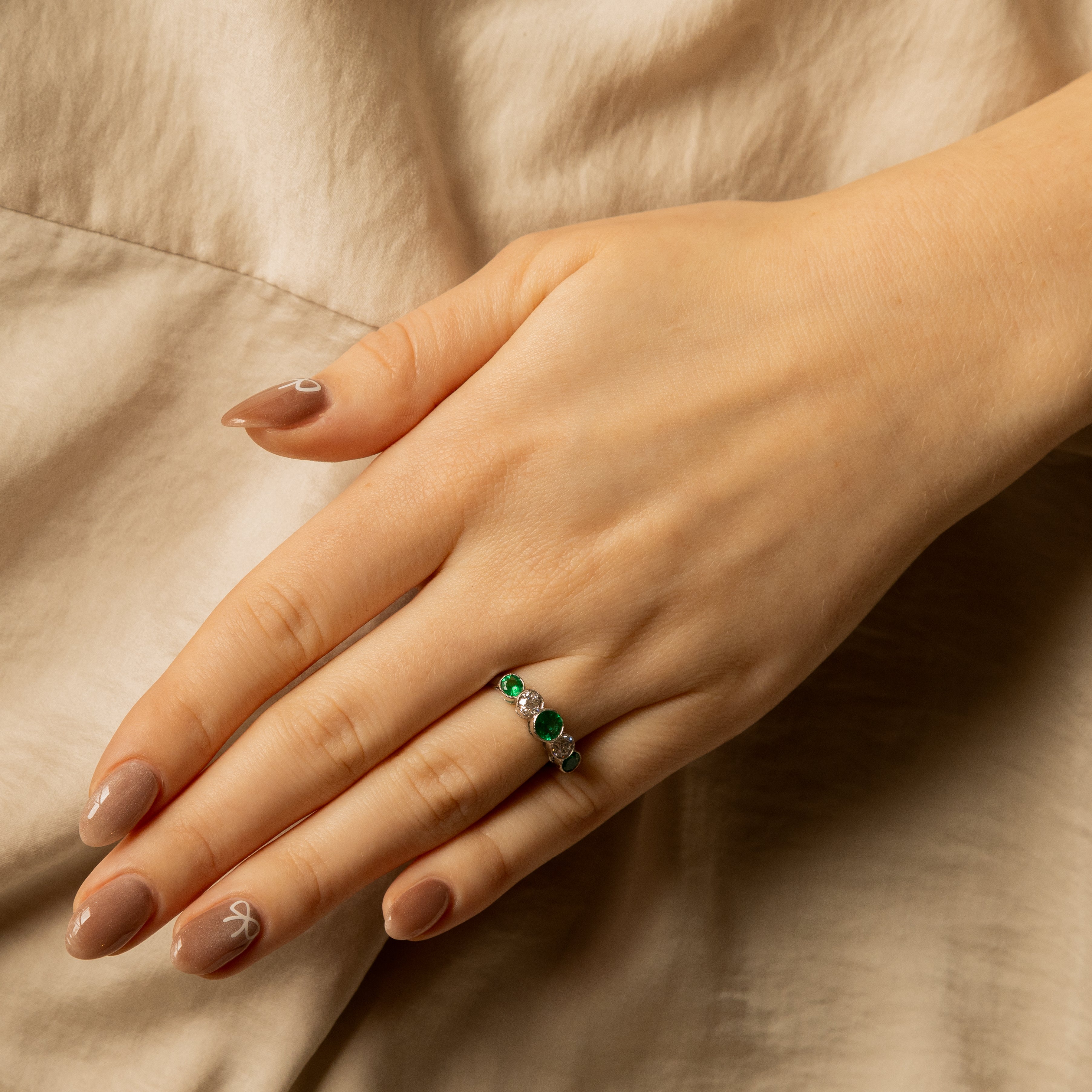 Art Deco Inspired Round Natural Emerald Diamond Five Stone Bezel Ring - Queen May
