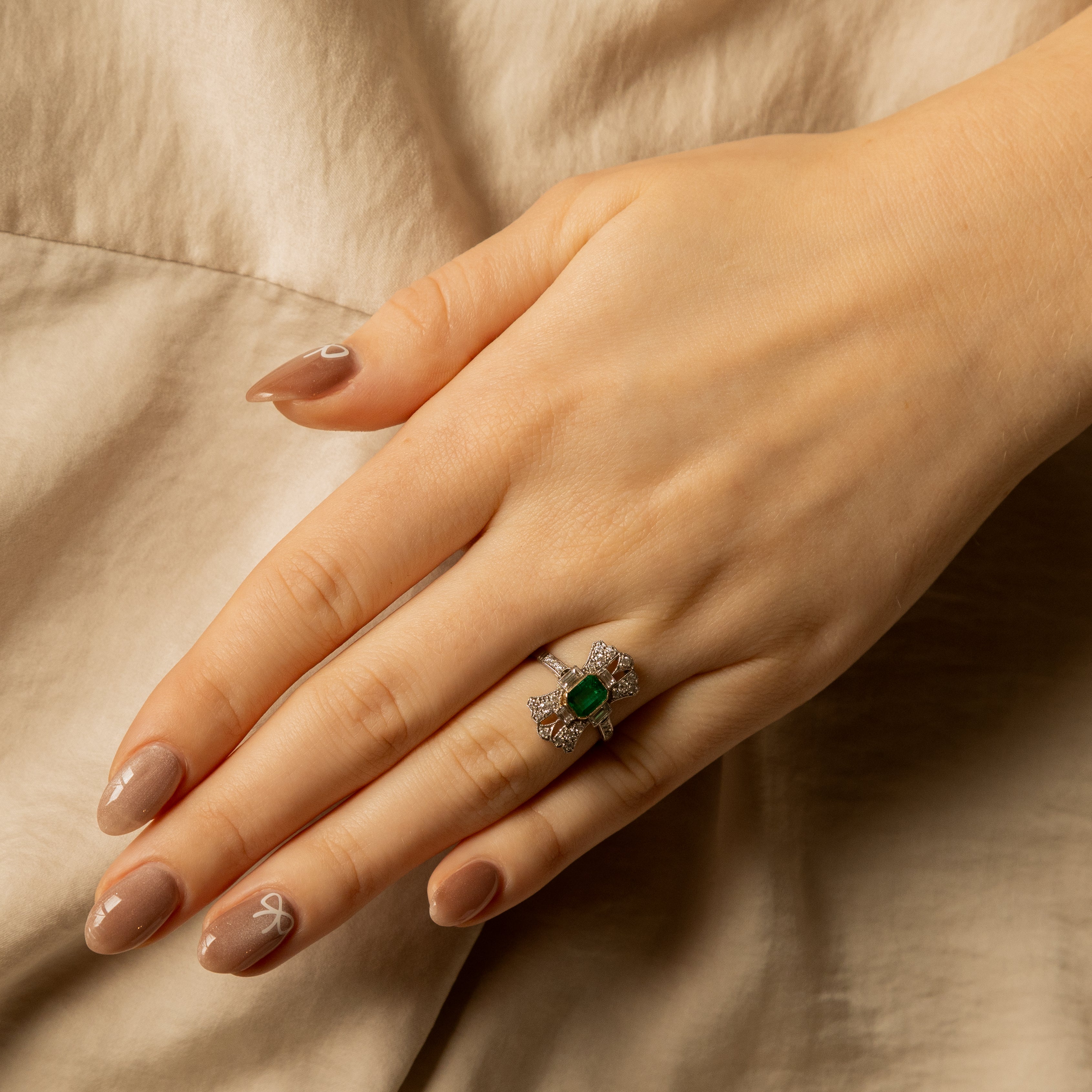 Art Deco Inspired 0.75 Carat Natural Emerald Diamond Ring - Queen May