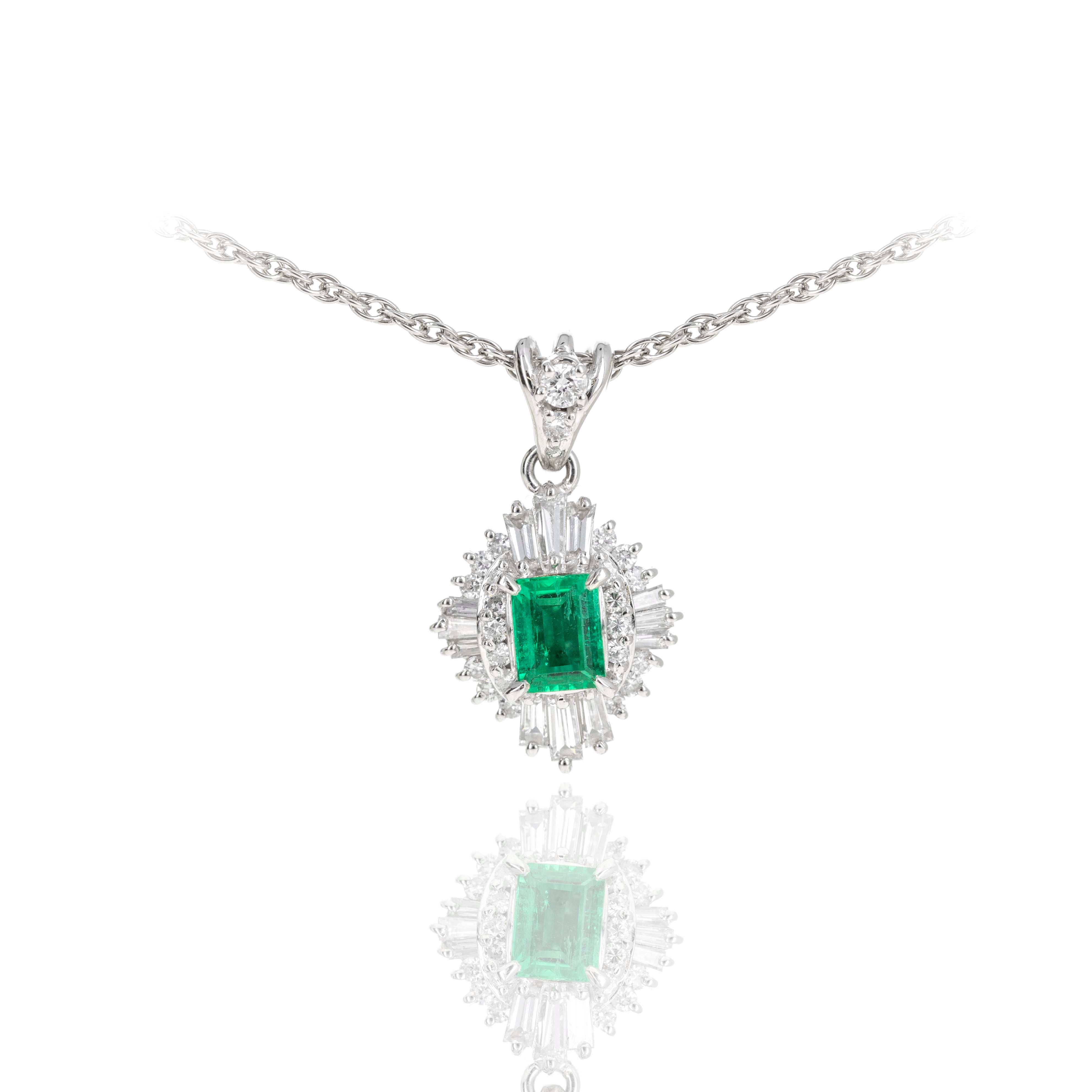 Platinum 0.45 Carat Emerald Diamond Halo Pendant Necklace - Queen May