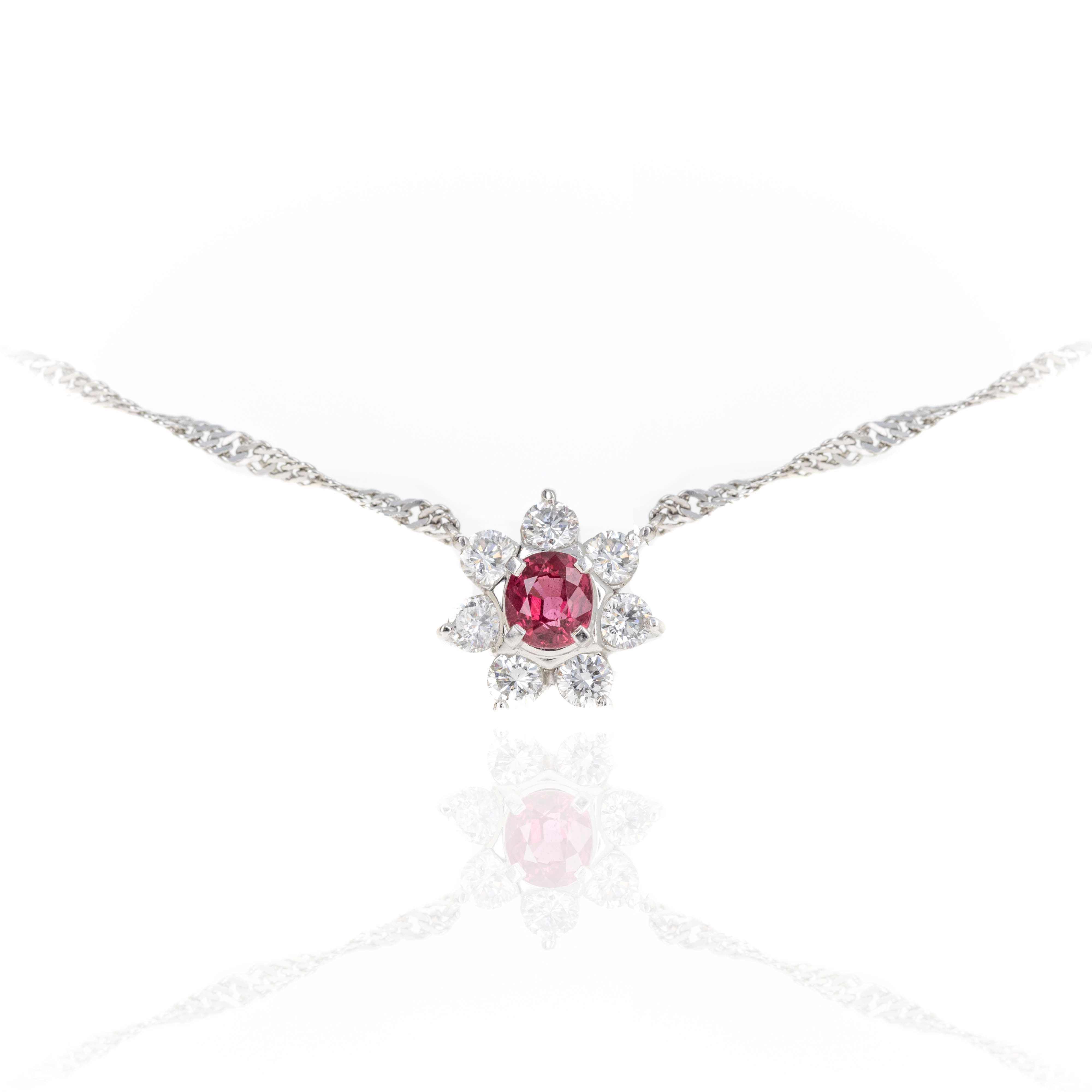 Platinum 0.60 Carat Ruby Diamond Floral Halo Pendant Necklace - Queen May