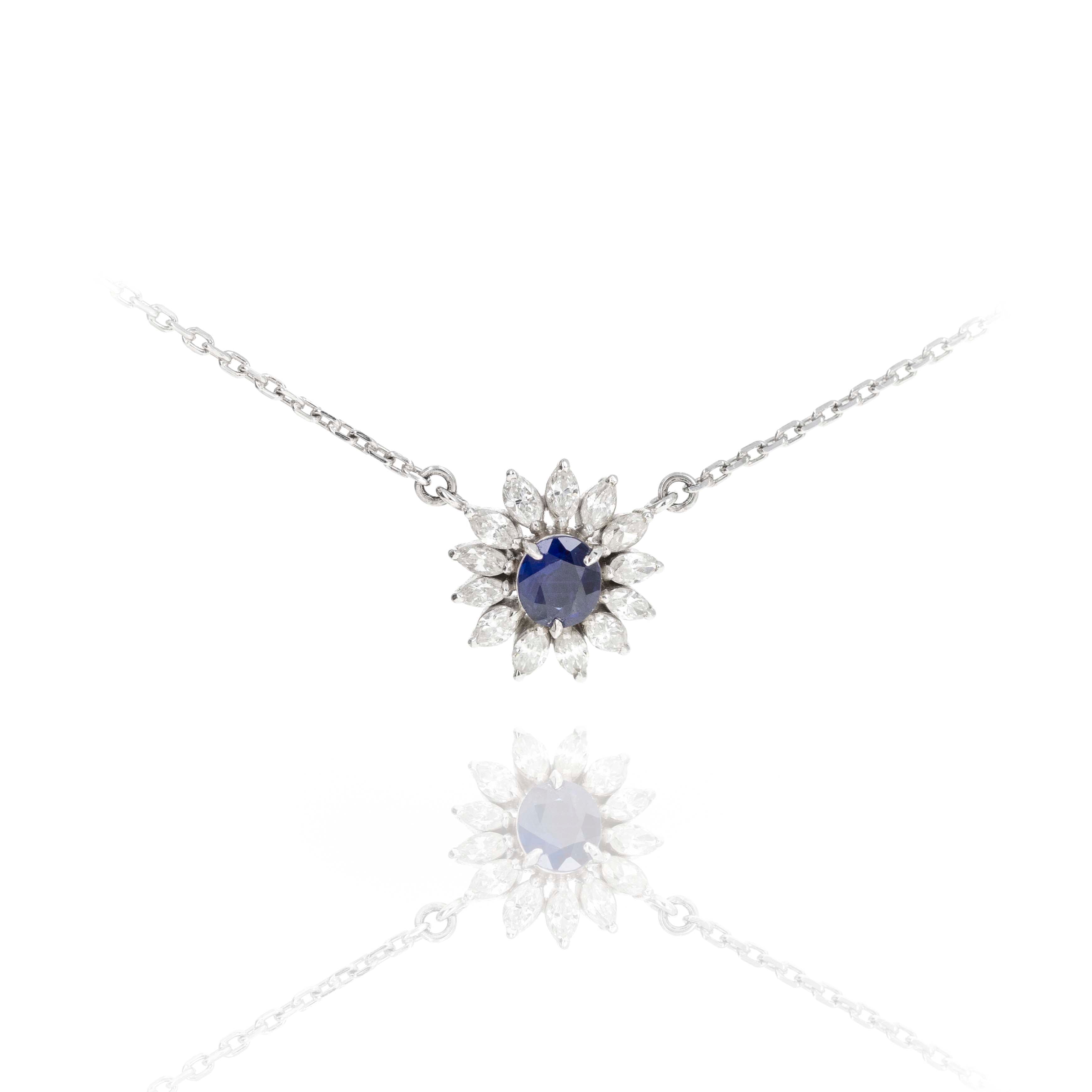 Platinum 0.47 Carat Sapphire Diamond Floral Halo Pendant Necklace - Queen May