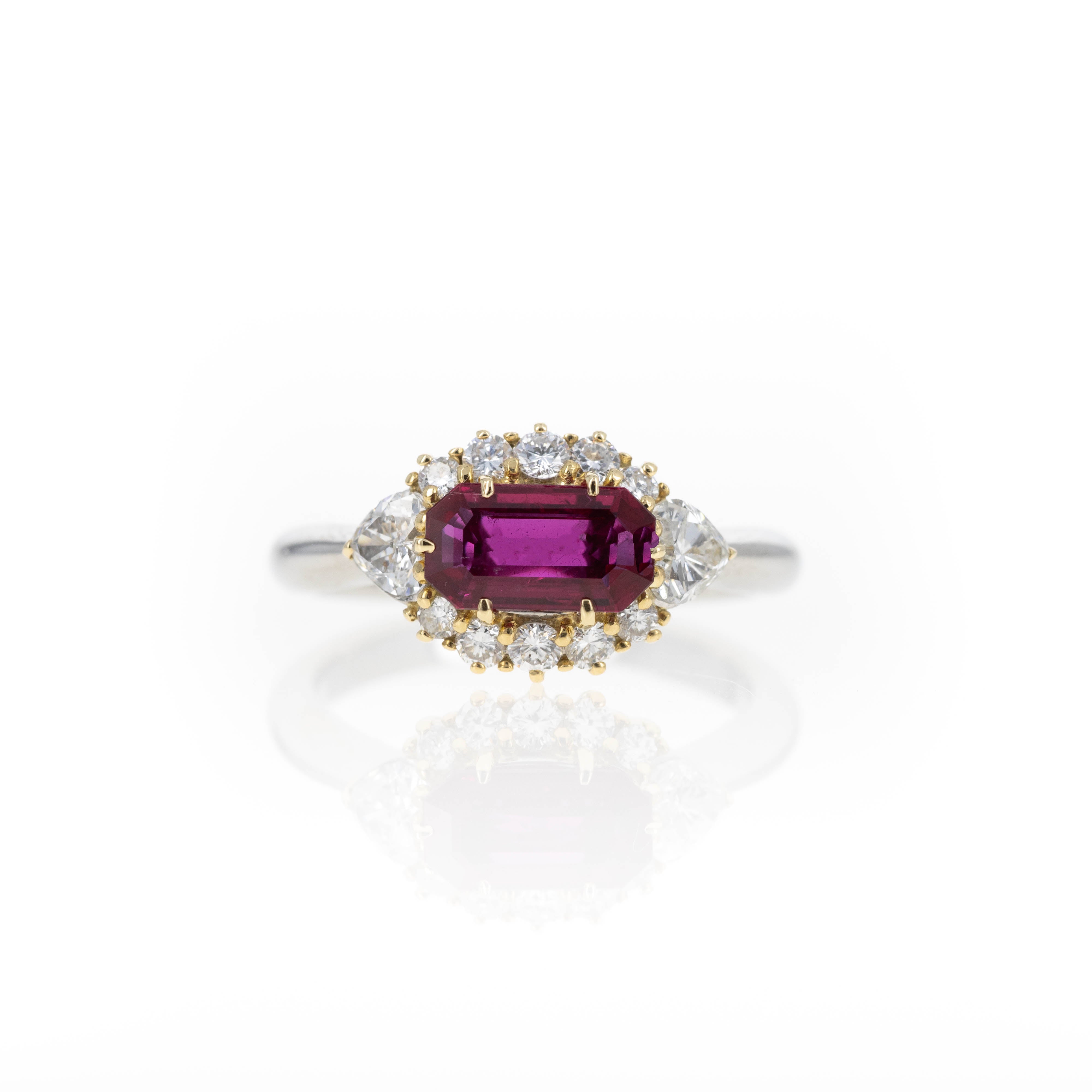 Platinum and 18K Yellow Gold 1.19 Carat Ruby Diamond Halo Heart Ring - Queen May