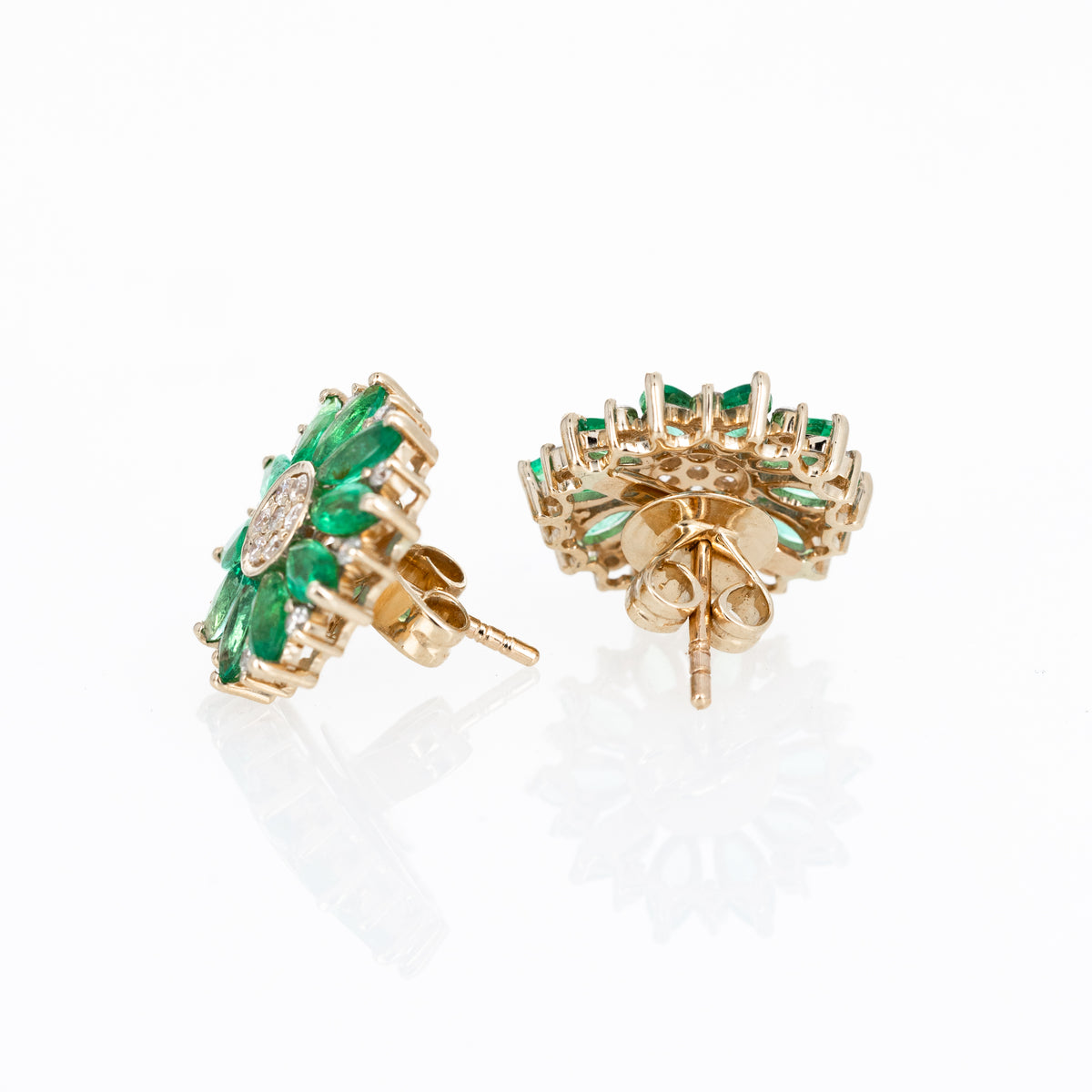 14K Yellow Gold Marquise Emerald Diamond Flower Stud Earrings - Queen May
