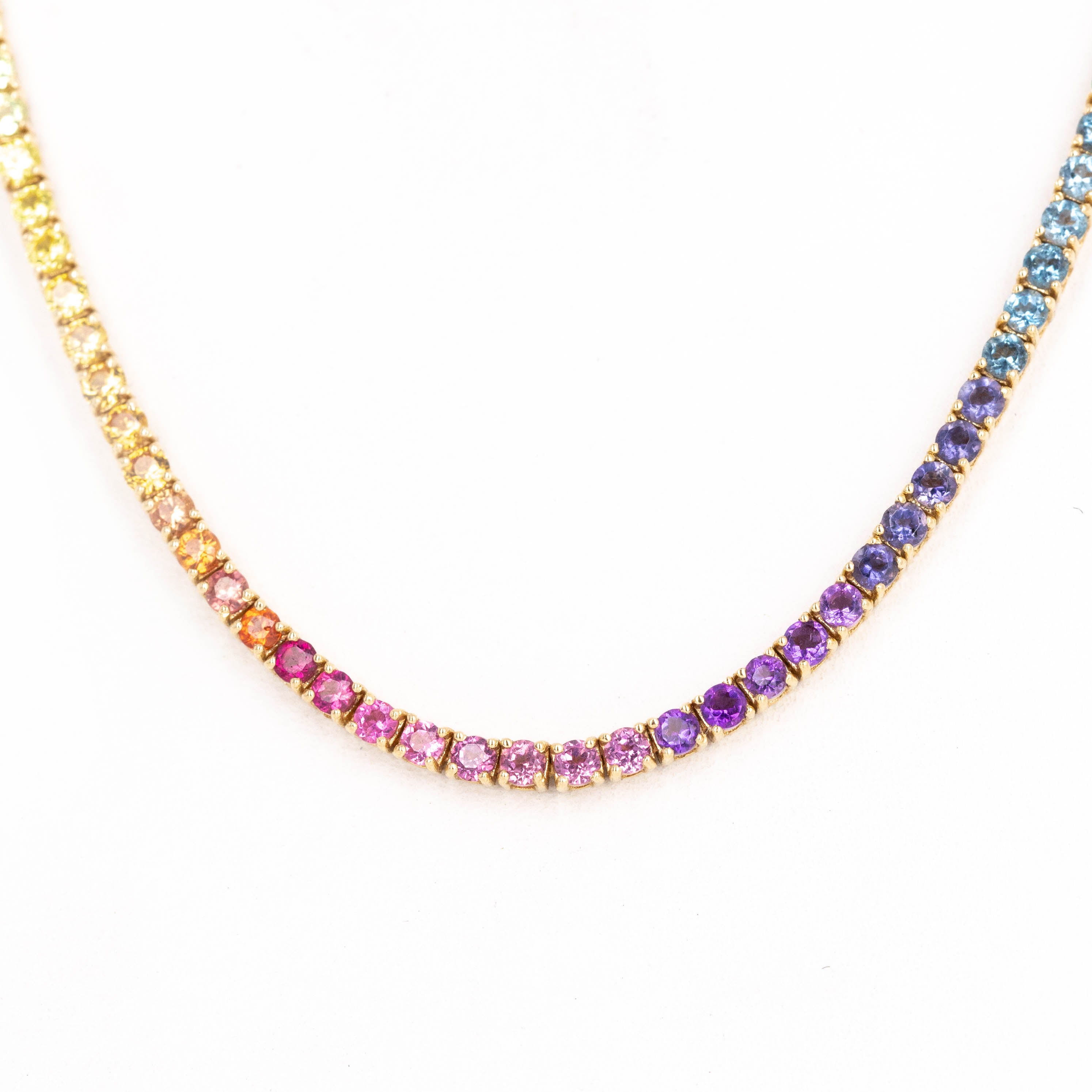 14K Yellow Gold 7.19 Carat Round Multi-Color Gemstone Tennis Necklace - Queen May