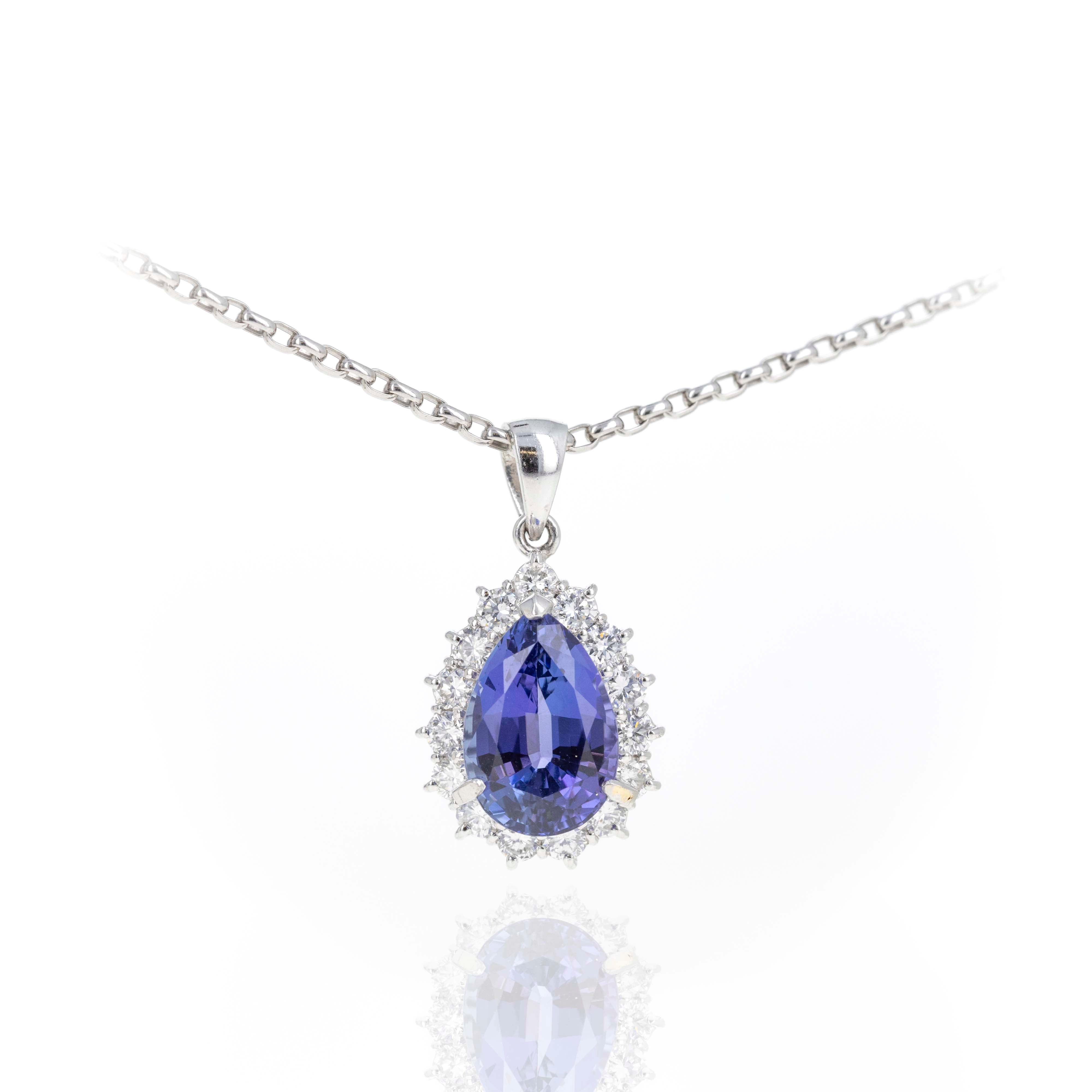Platinum 4.35 Carat Tanzanite Diamond Halo Pendant Necklace - Queen May