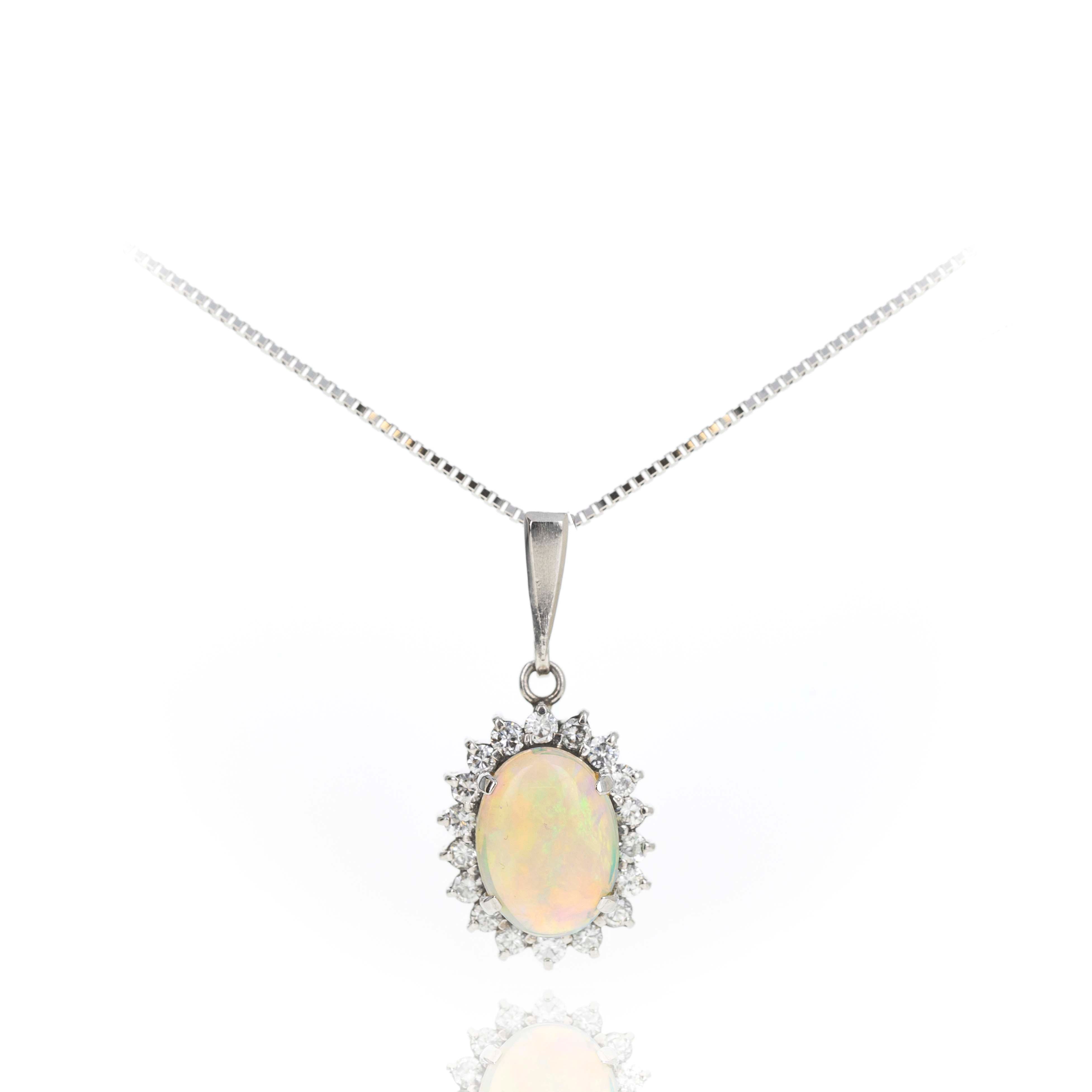 Platinum 1.35 Carat Cabochon Opal Diamond Halo Pendant Necklace - Queen May