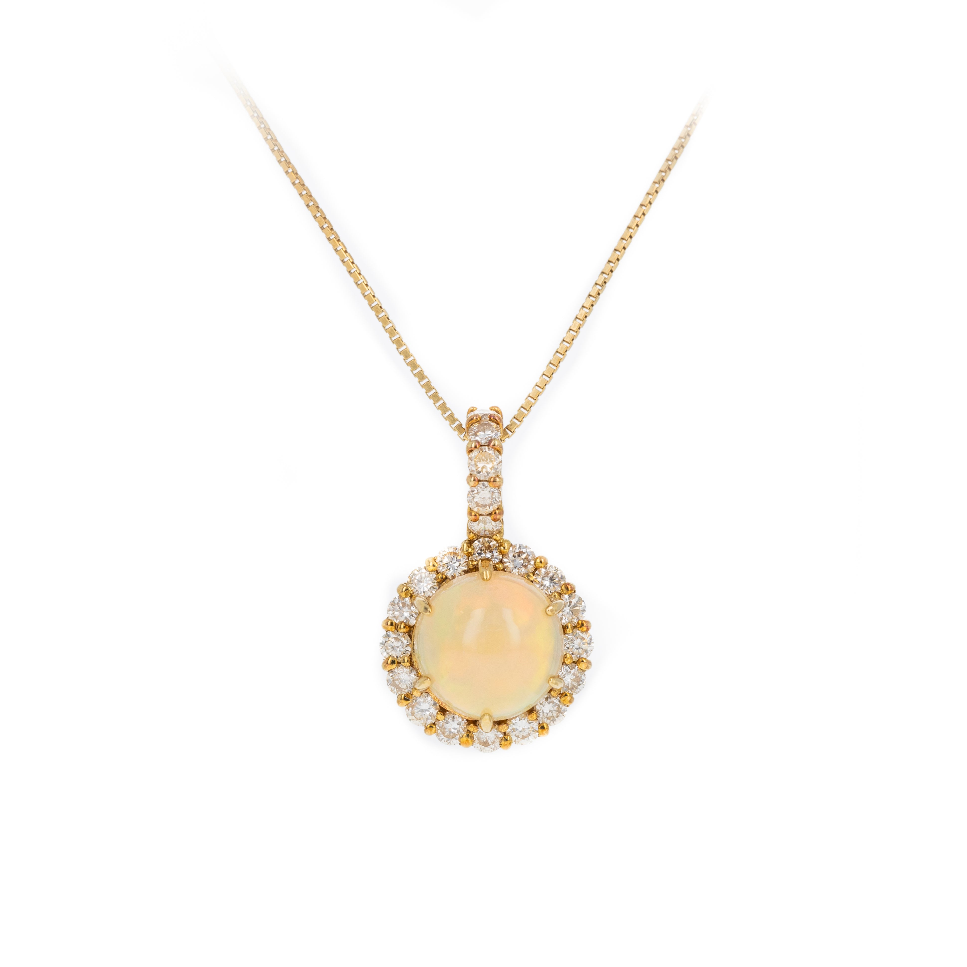 18K Yellow Gold 2.05 Carat Cabochon Opal Diamond Halo Pendant Necklace - Queen May
