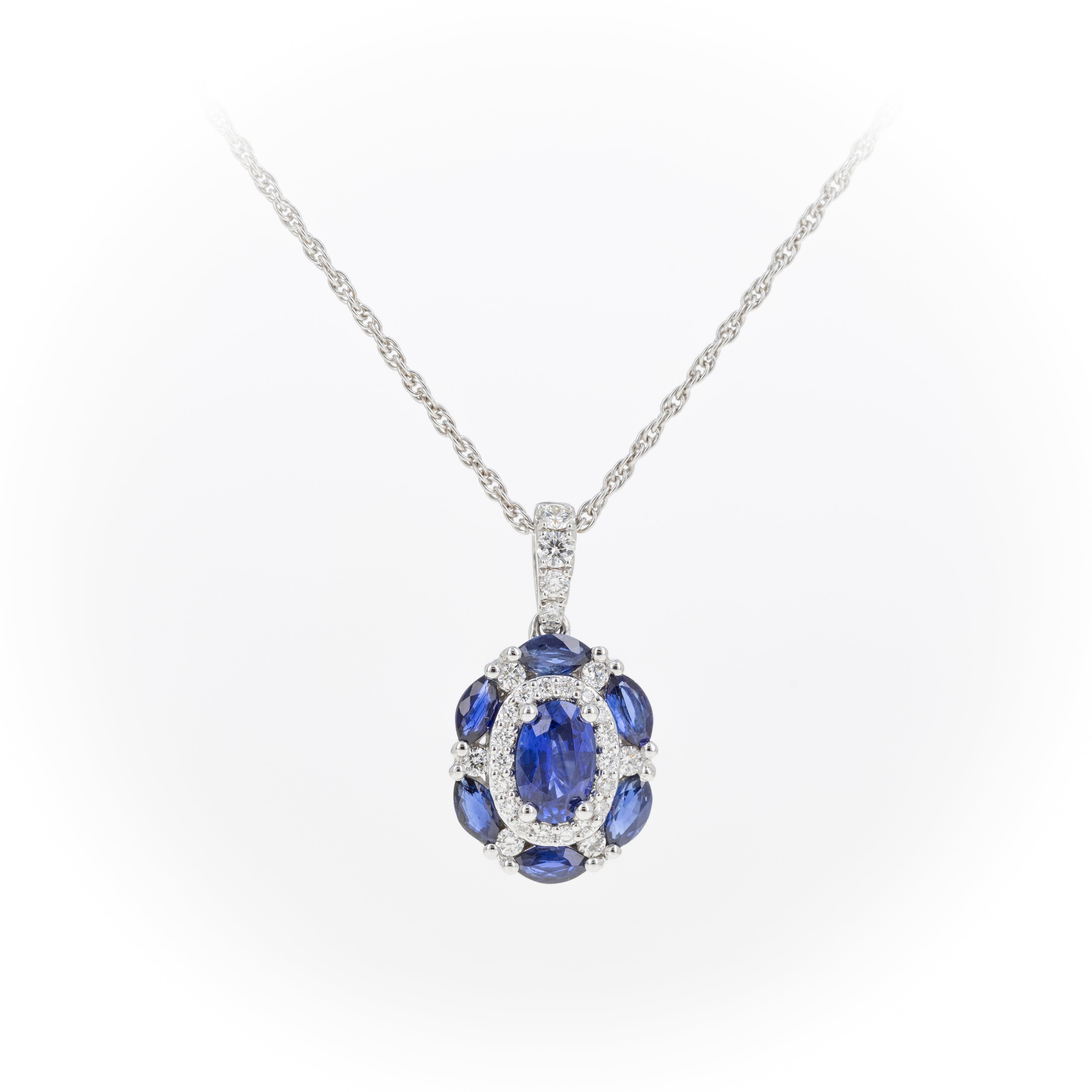 18K White Gold 1.05 Oval Sapphire Diamond Cluster Pendant Necklace - Queen May