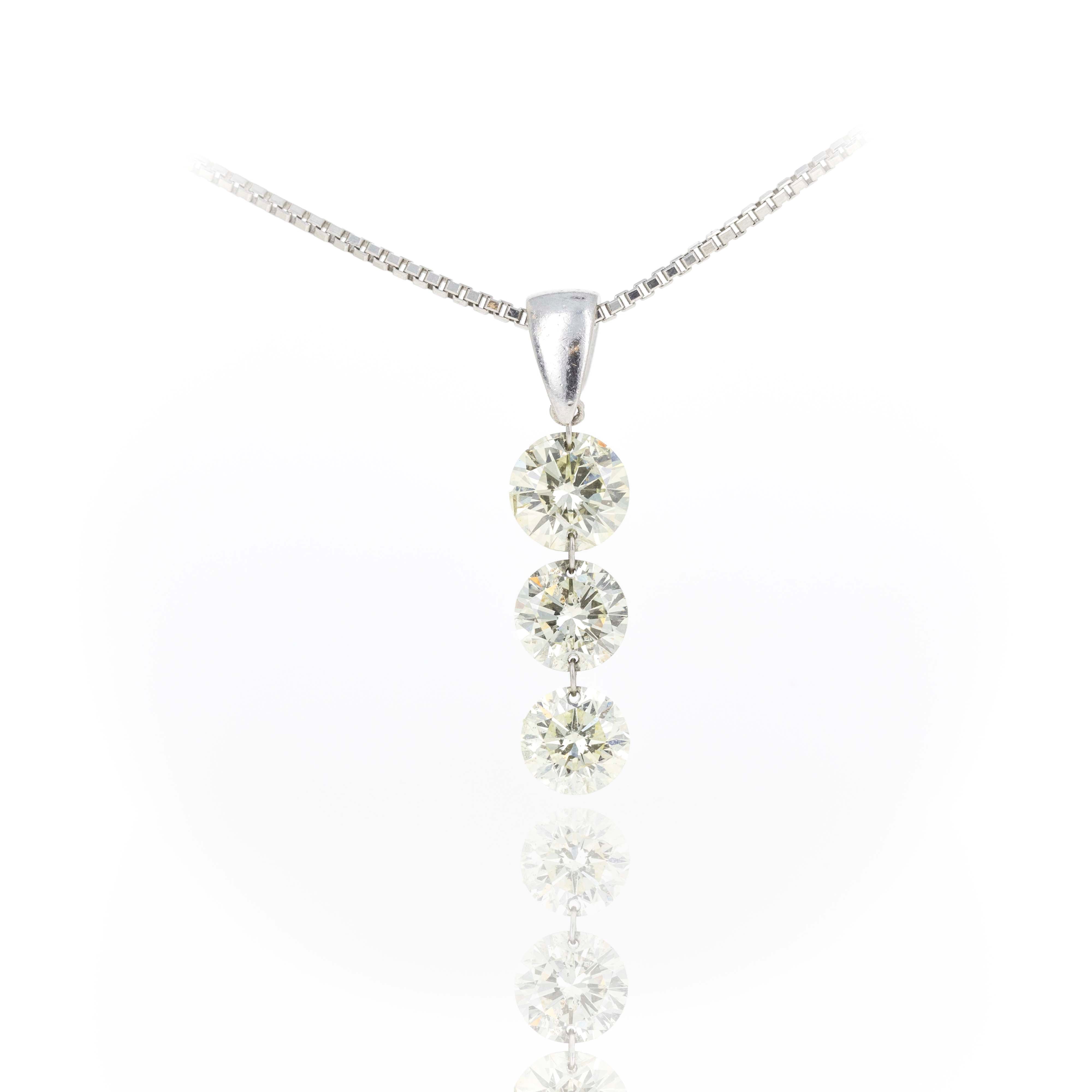 Platinum 2.34 Carat Diamond Three Stone Floating Drop Pendant Necklace - Queen May