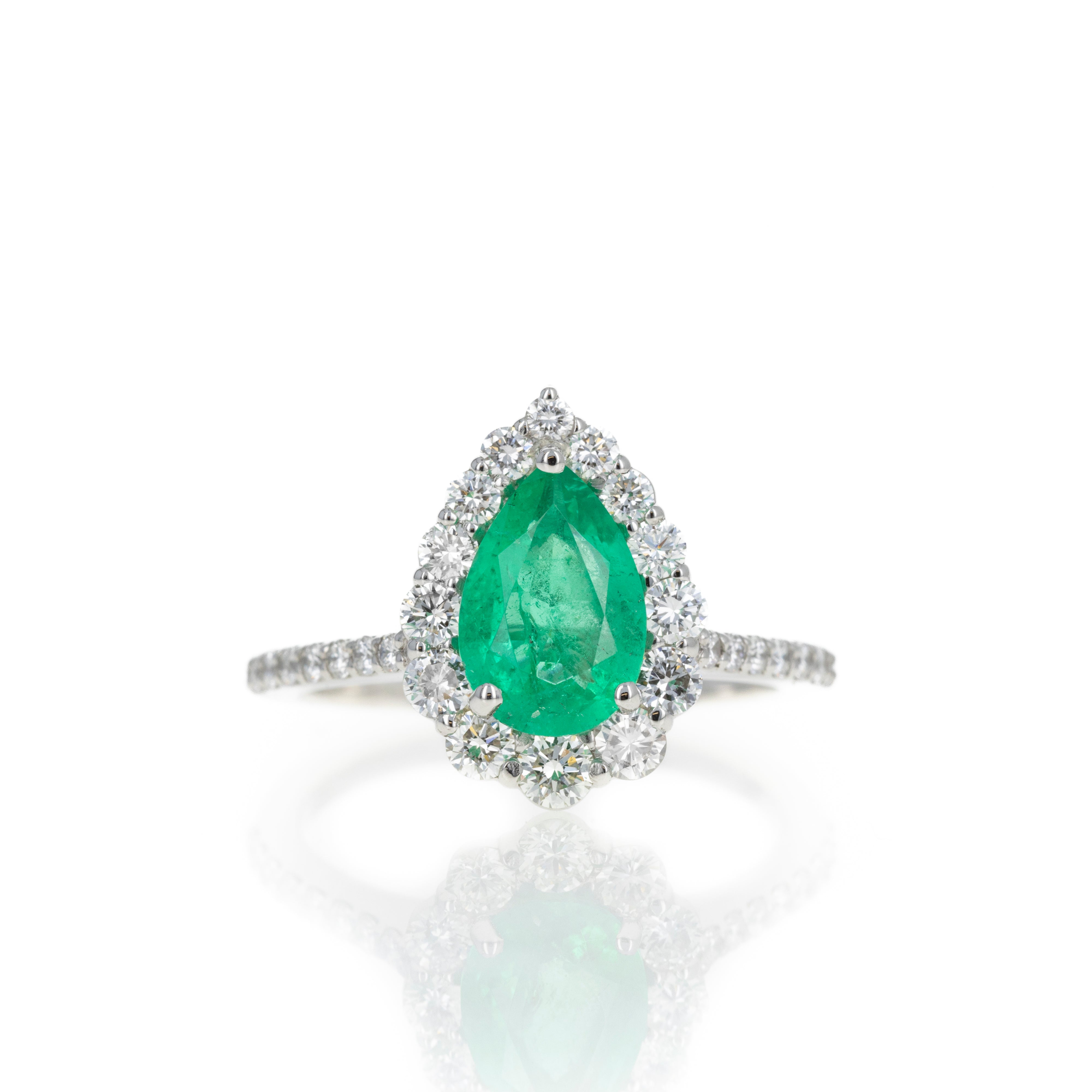 Platinum 1.23 Carat Pear Emerald Diamond Halo Ring - Queen May