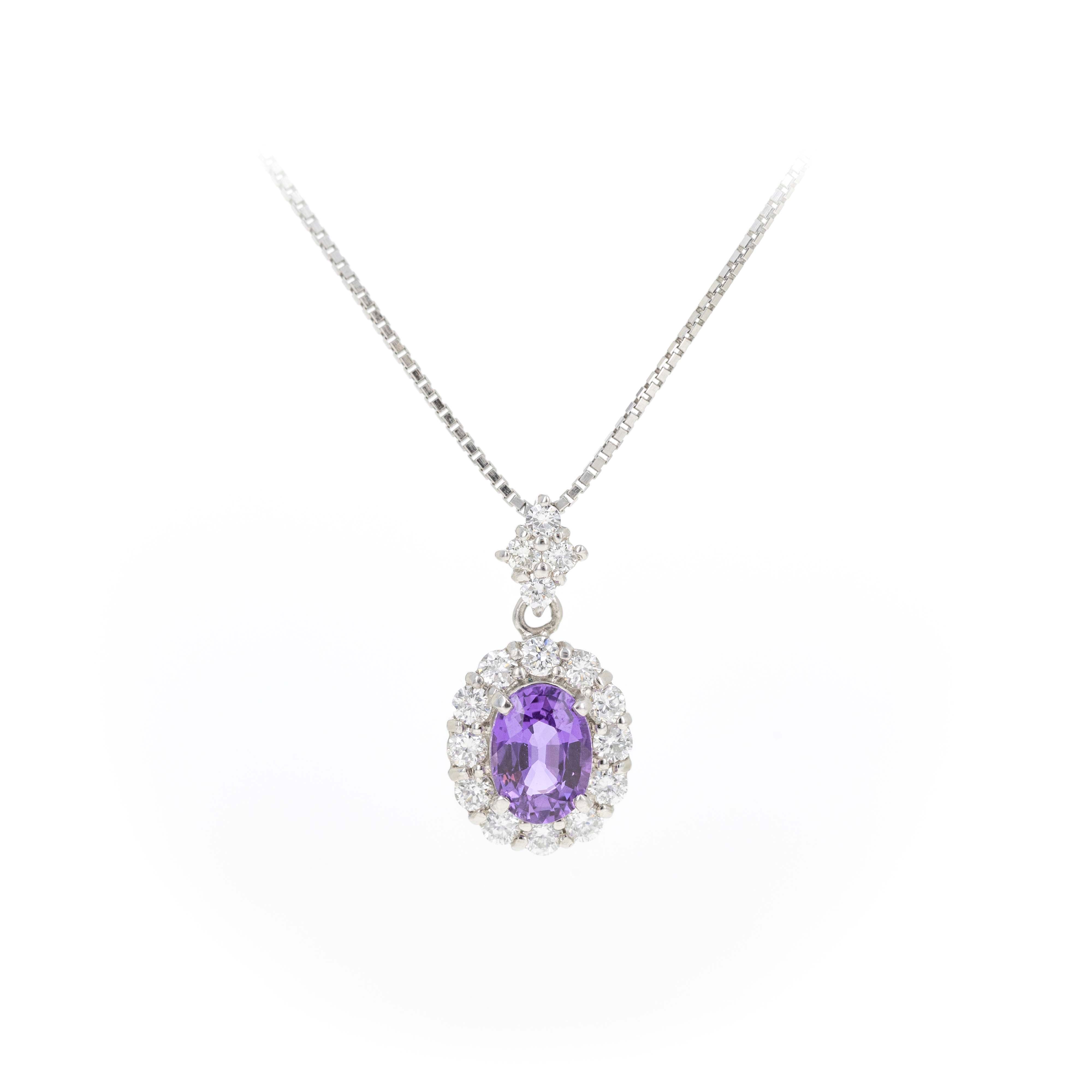 Platinum 1.10 Carat No Heat Sri Lanka Pinkish Purple Sapphire Diamond Halo Pendant Necklace - Queen May