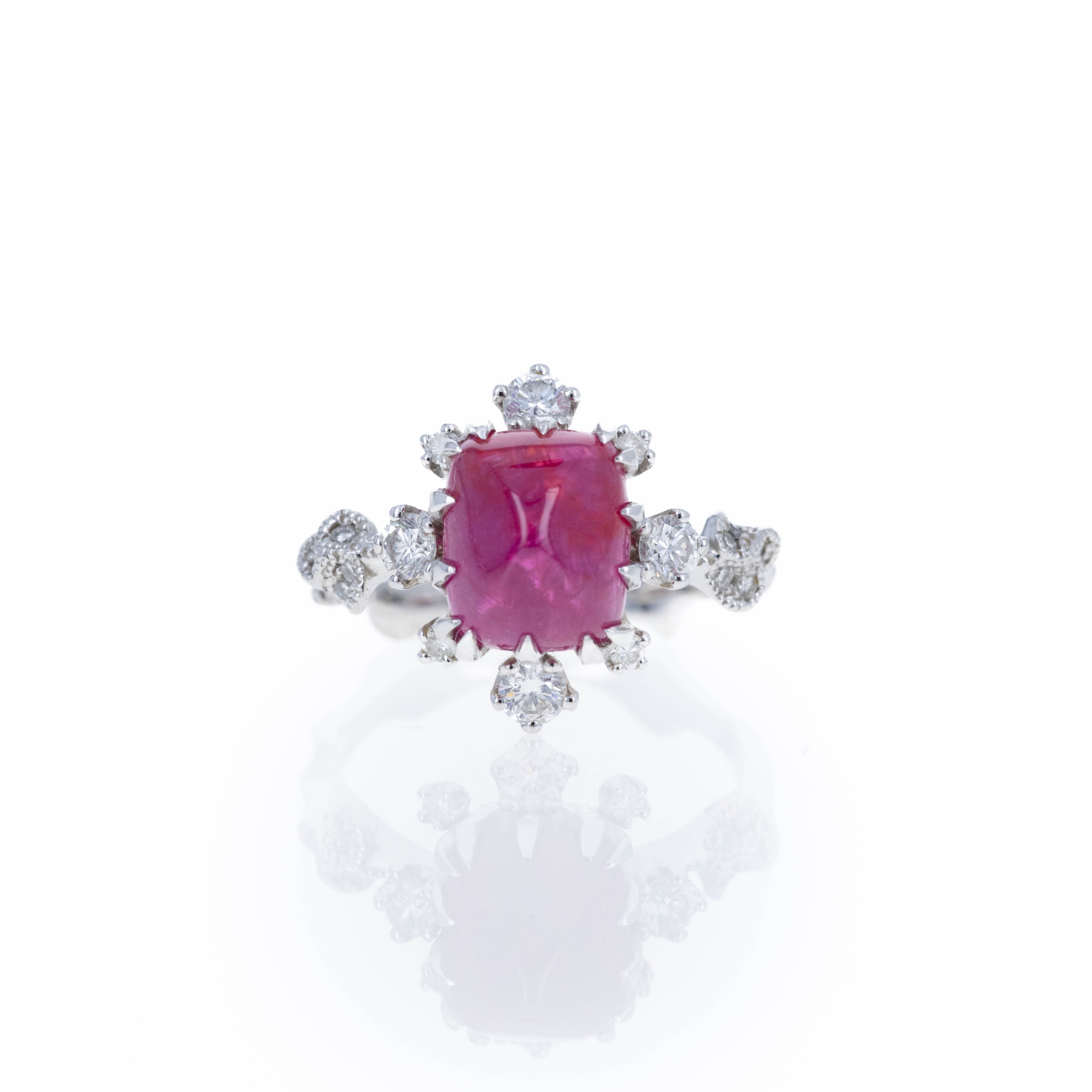 Platinum 2.95 Sugar Loaf Ruby Floral Diamond Ring - Queen May