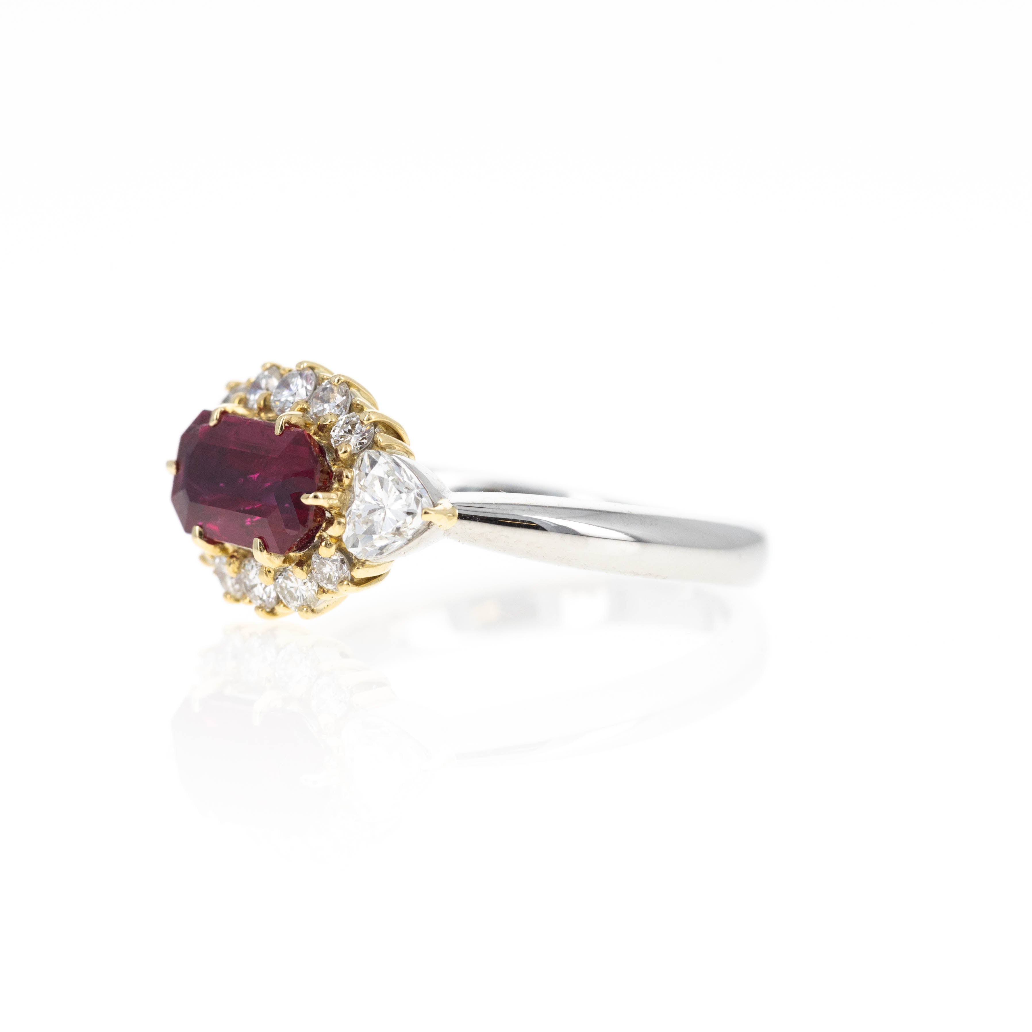 Platinum and 18K Yellow Gold 1.19 Carat Ruby Diamond Halo Heart Ring - Queen May