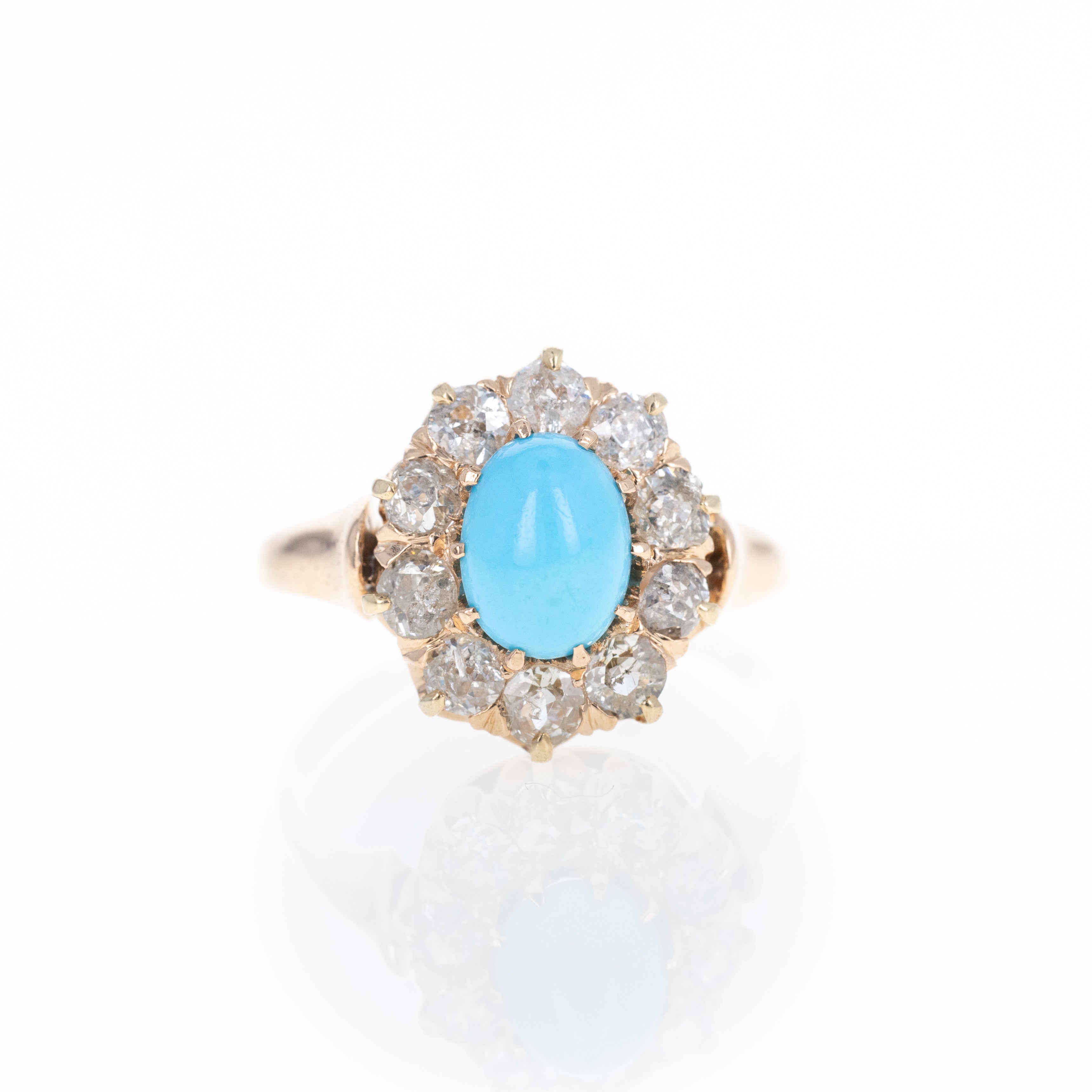 Victorian 14K Rose Gold 1.50 Carat Turquoise Old European Cut Diamond Halo Ring - Queen May