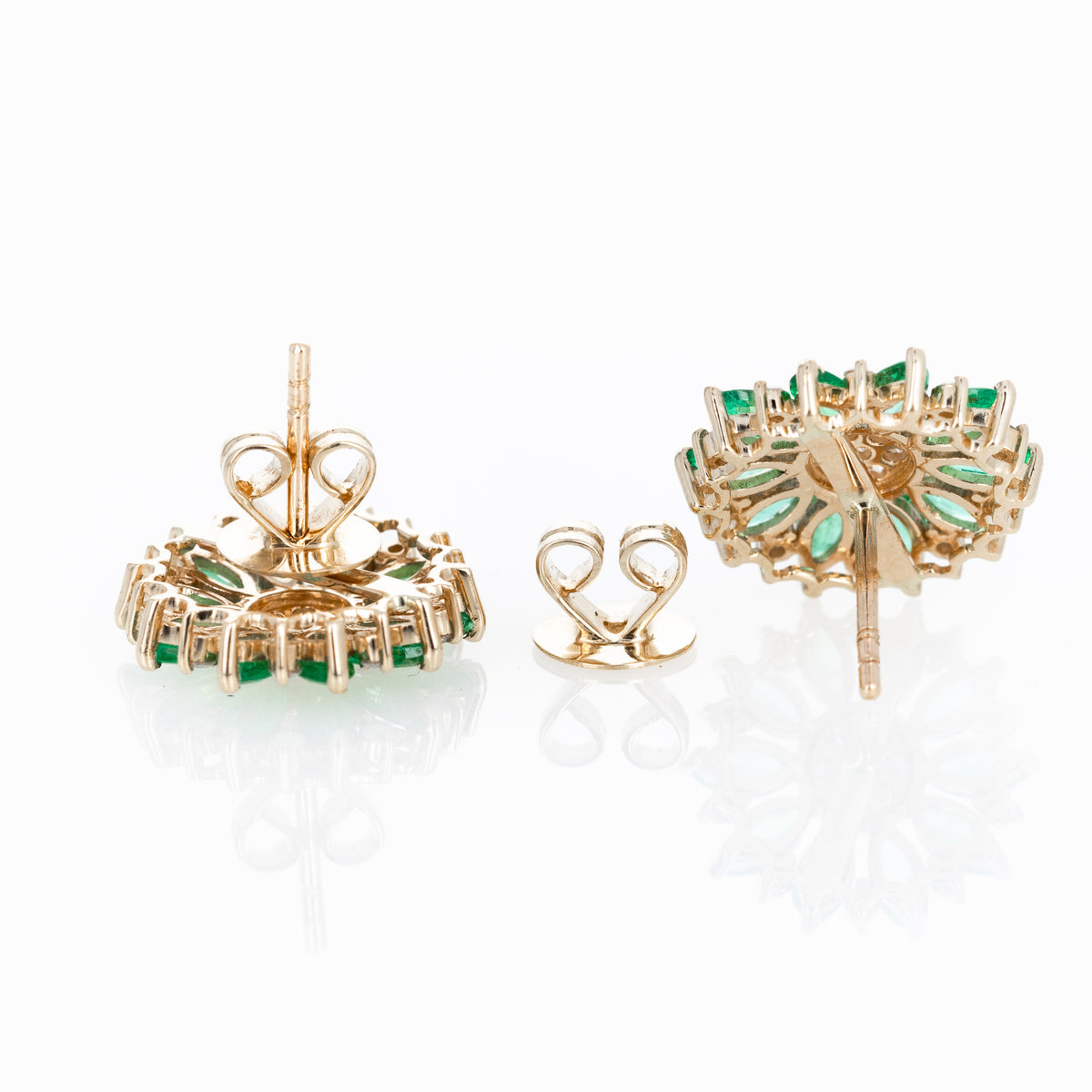14K Yellow Gold Marquise Emerald Diamond Flower Stud Earrings - Queen May