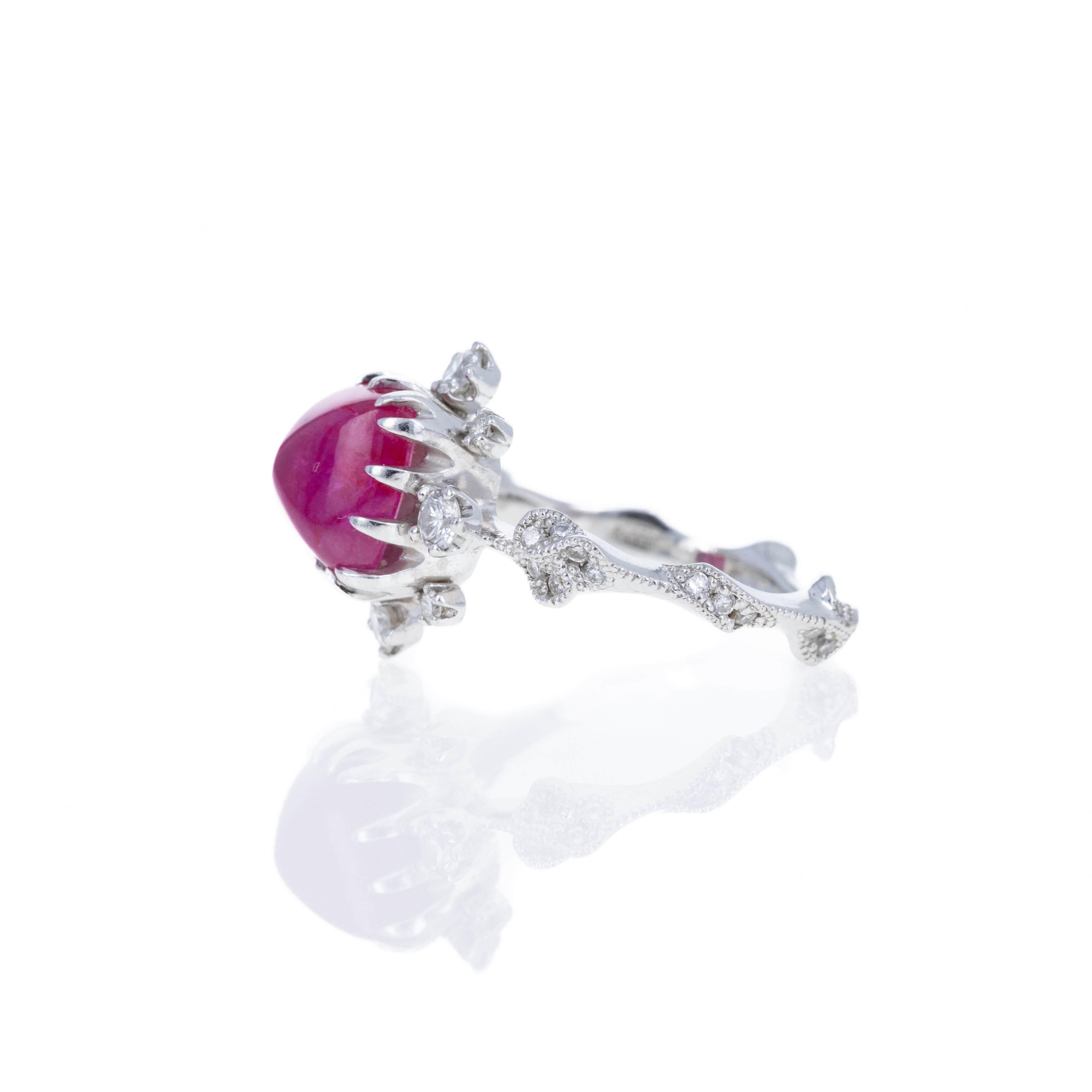 Platinum 2.95 Sugar Loaf Ruby Floral Diamond Ring - Queen May