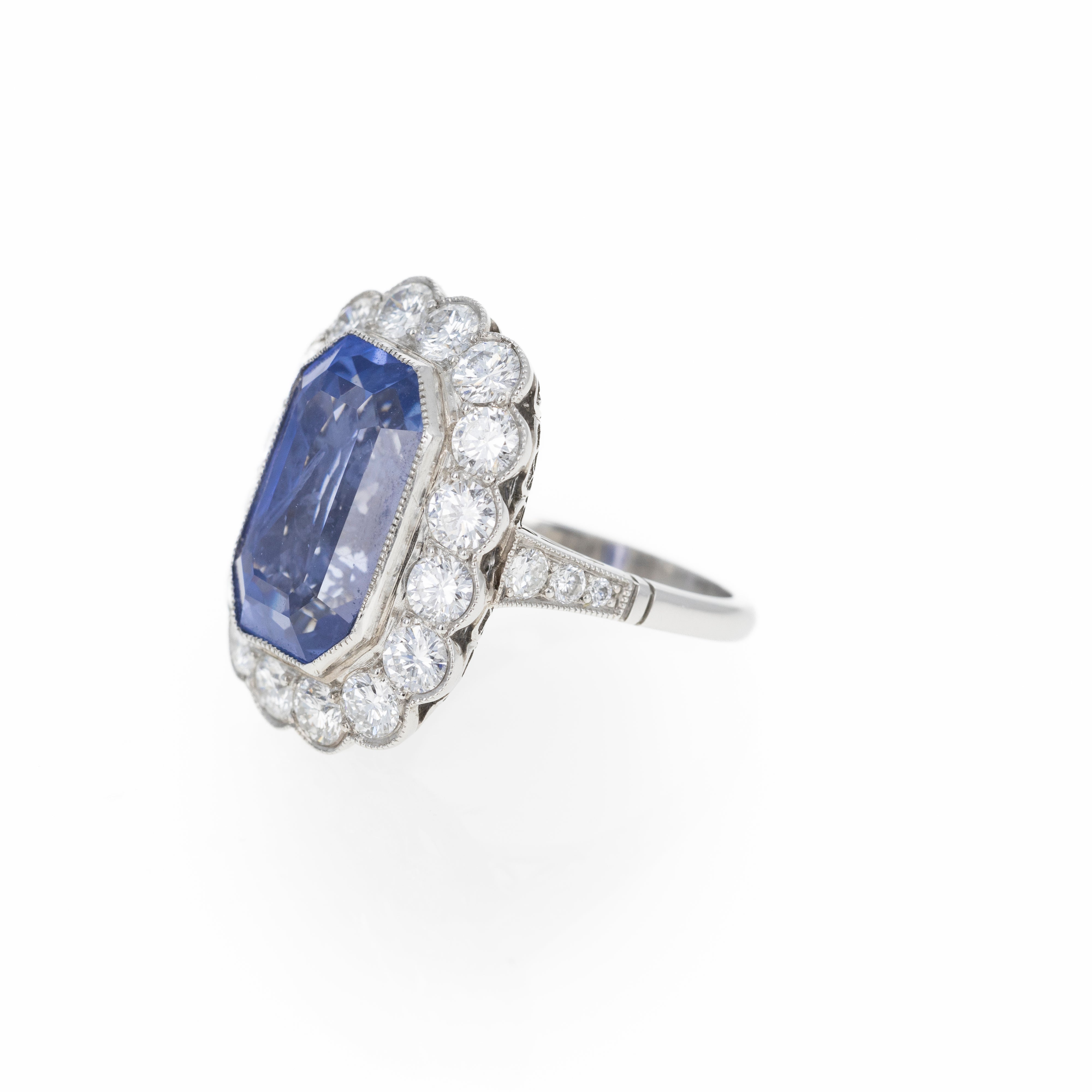 Art Deco Inspired 13.95 Carat No Heat Ceylon Sapphire & Diamond Halo Cluster Ring - Queen May