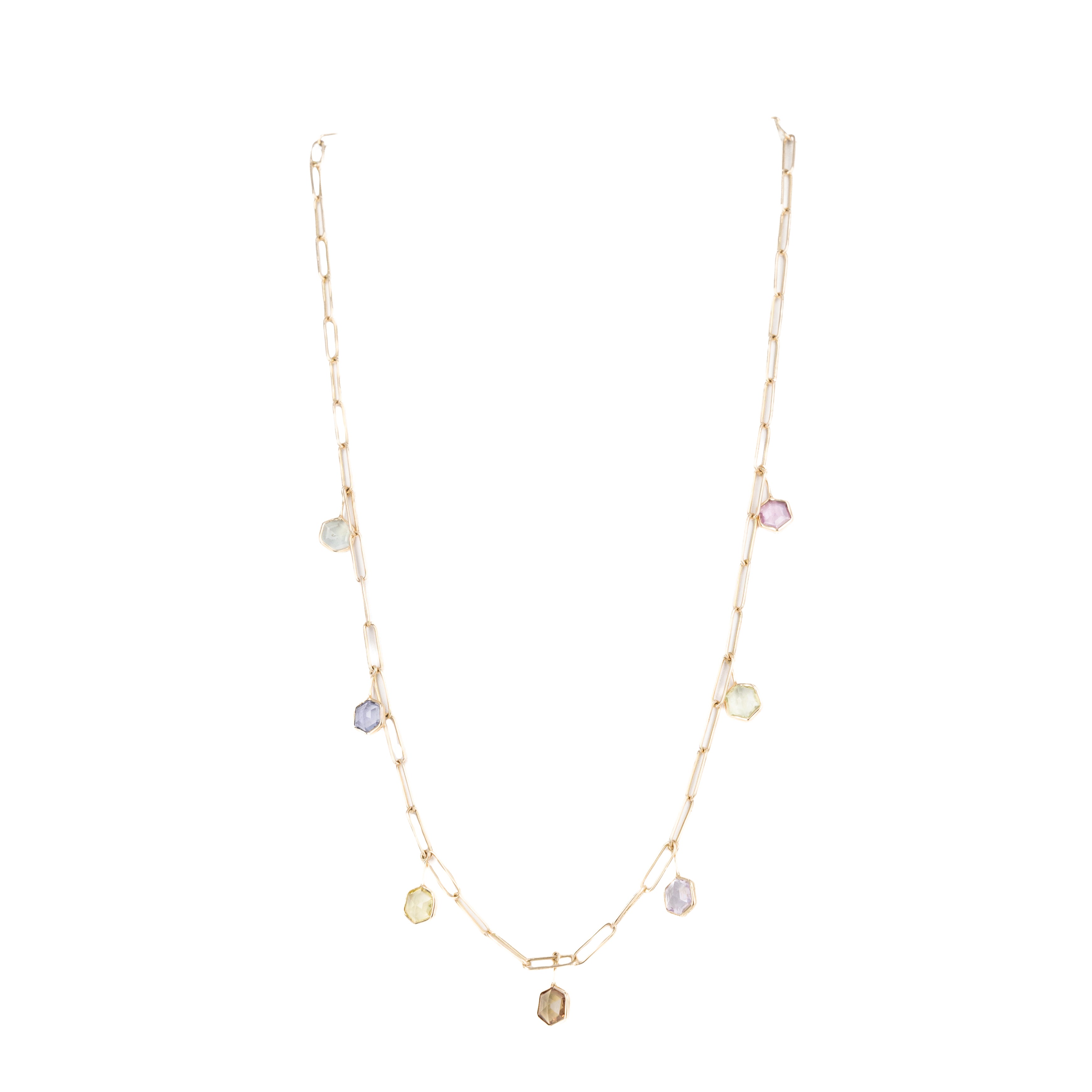 14K Yellow Gold Hexagon Multi-Color Sapphire Bezel Station Paper Clip Necklace - Queen May