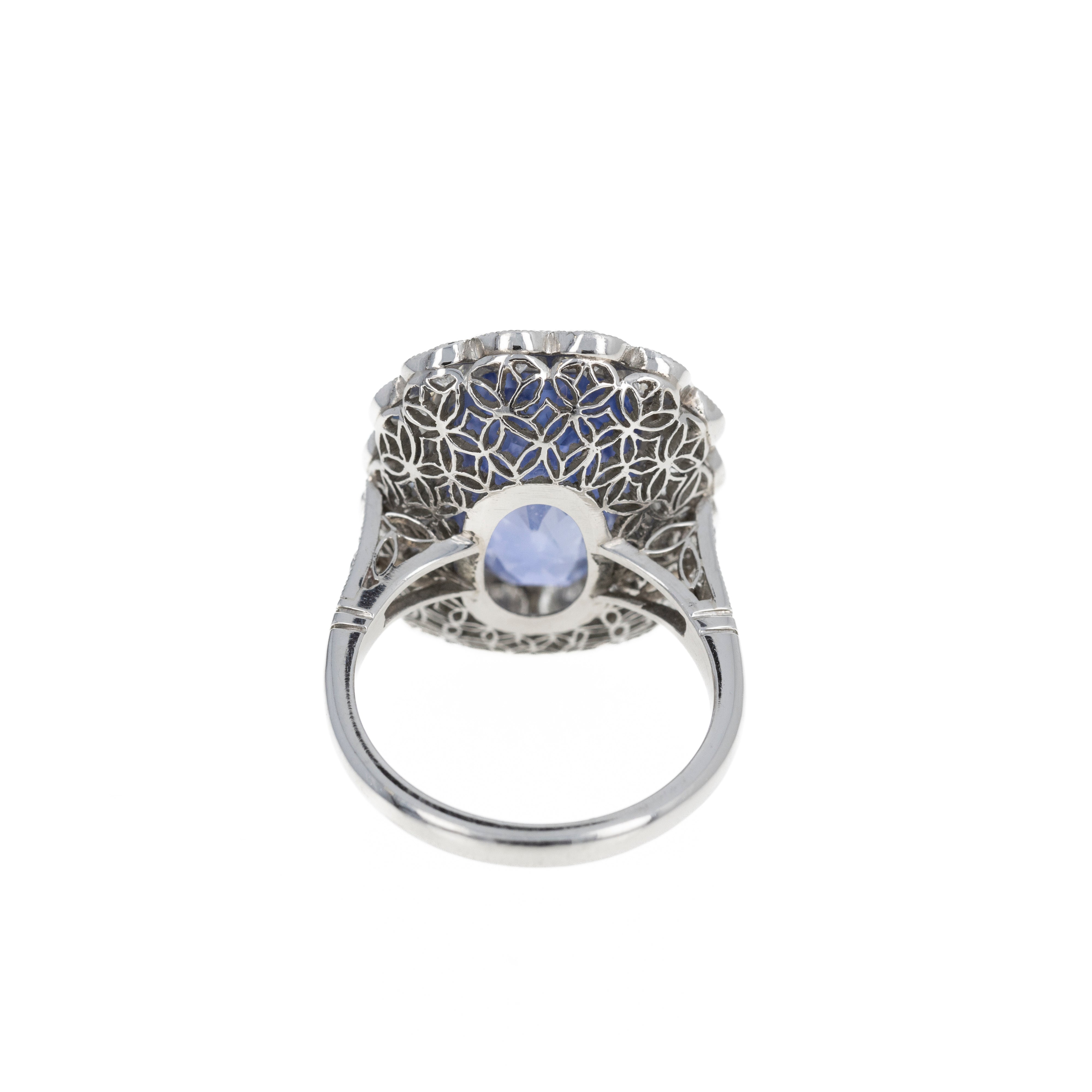 Art Deco Inspired 13.95 Carat No Heat Ceylon Sapphire & Diamond Halo Cluster Ring - Queen May