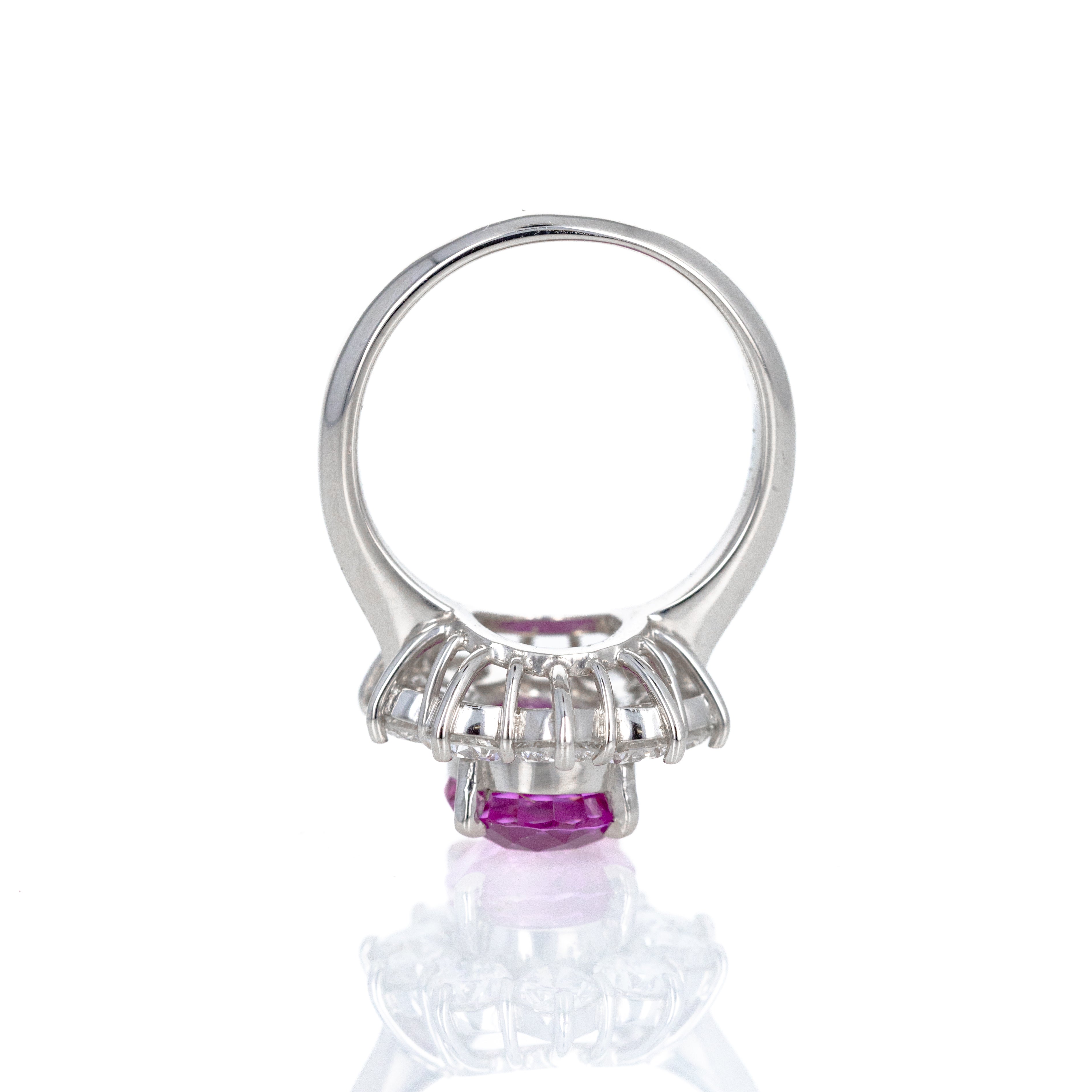 Platinum 3.21 Carat Oval Pink Sapphire Diamond Halo Ring - Queen May