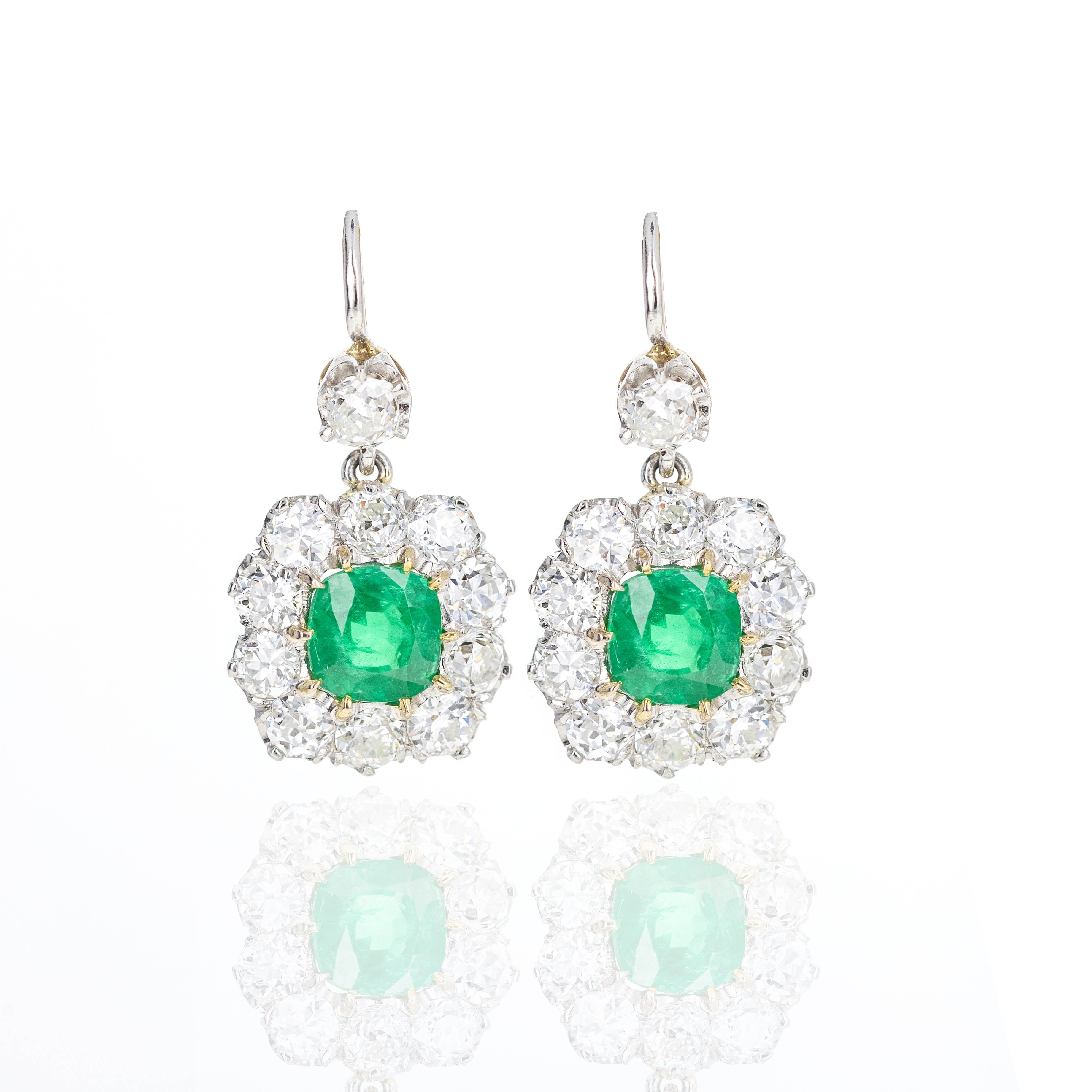 Victorian Inspired 18K Yellow Gold & Platinum 2.65 Carat Emerald Diamond Halo Earrings - Queen May