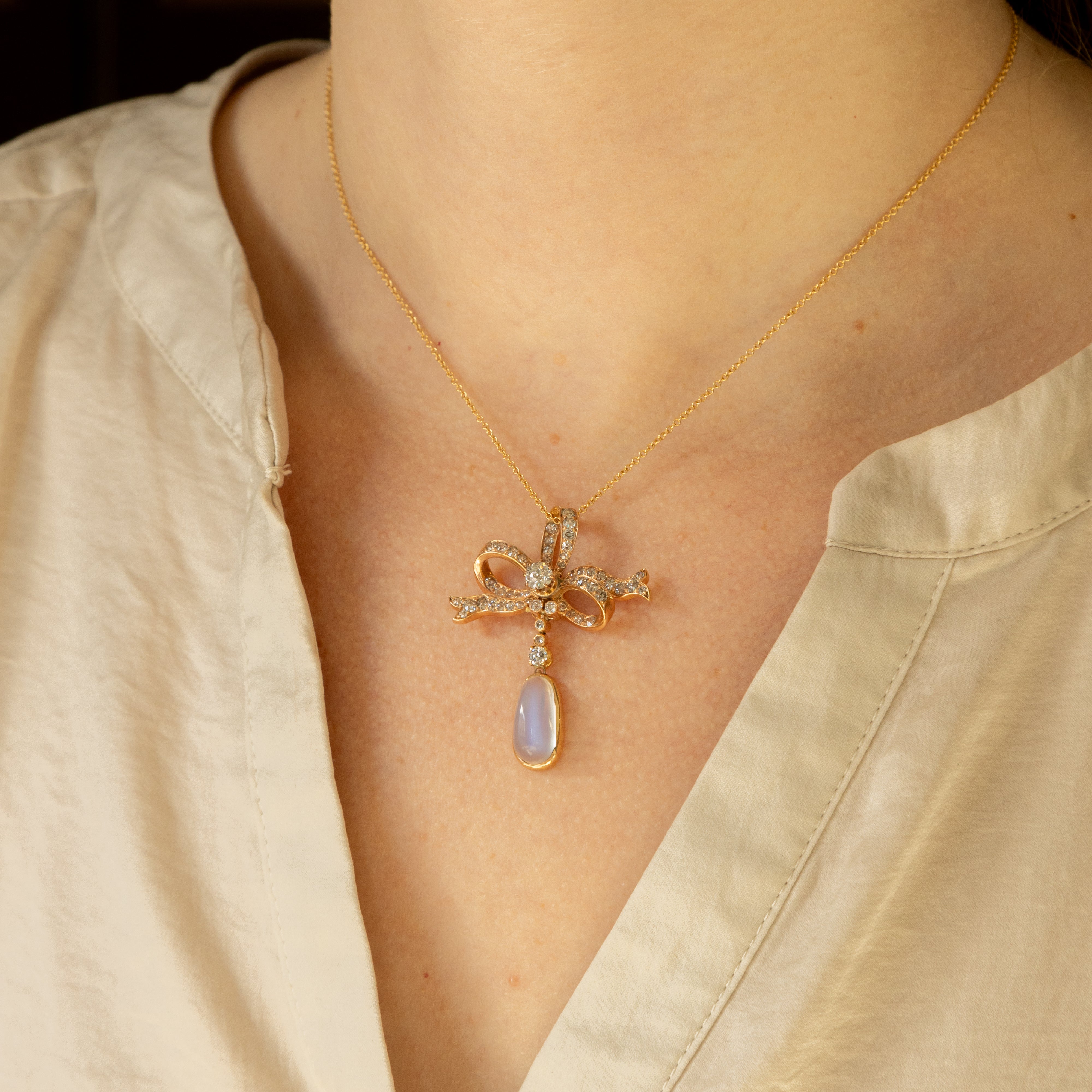 Victorian Moonstone Diamond Brooch Conversion Pendant Necklace - Queen May