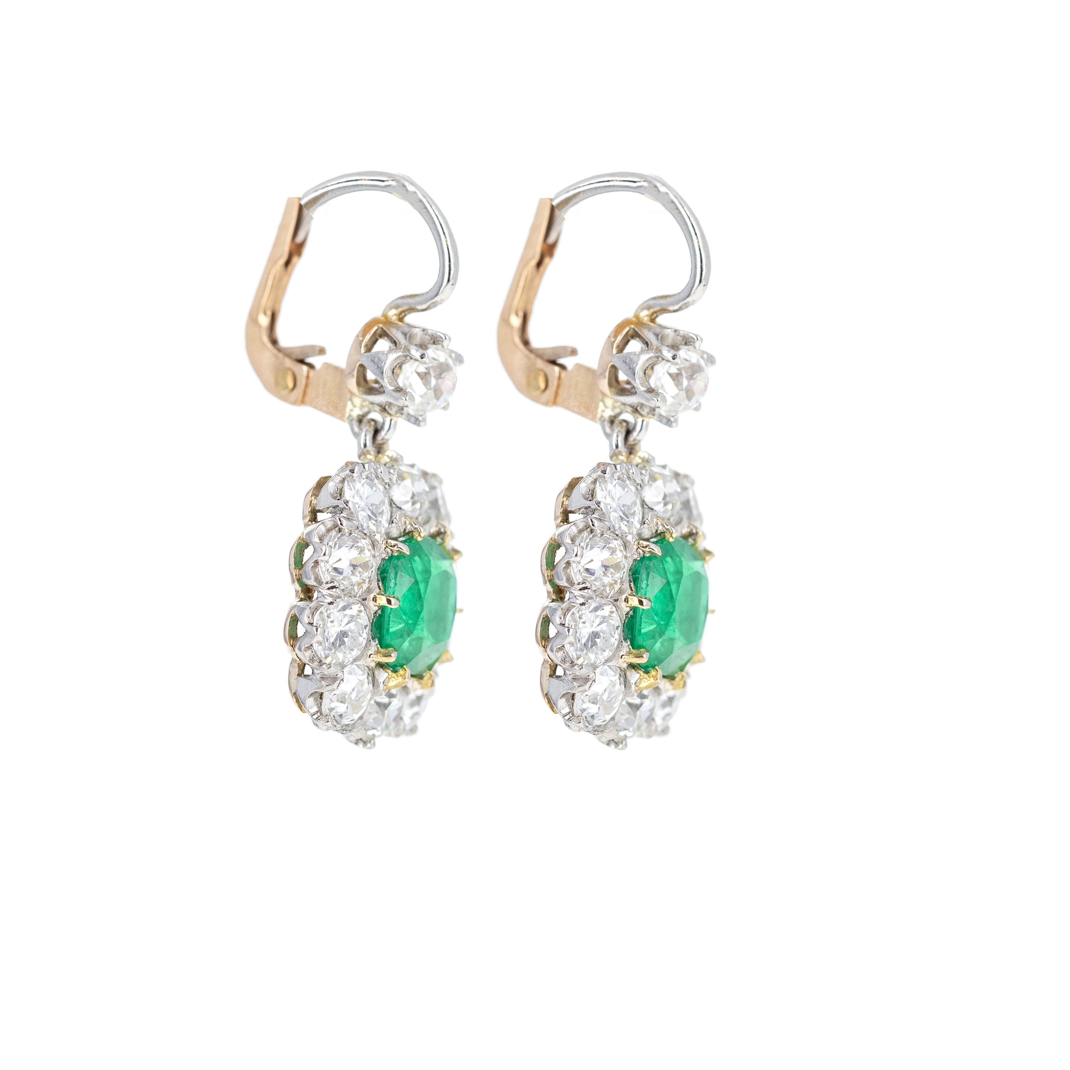 Victorian Inspired 18K Yellow Gold & Platinum 2.65 Carat Emerald Diamond Halo Earrings - Queen May